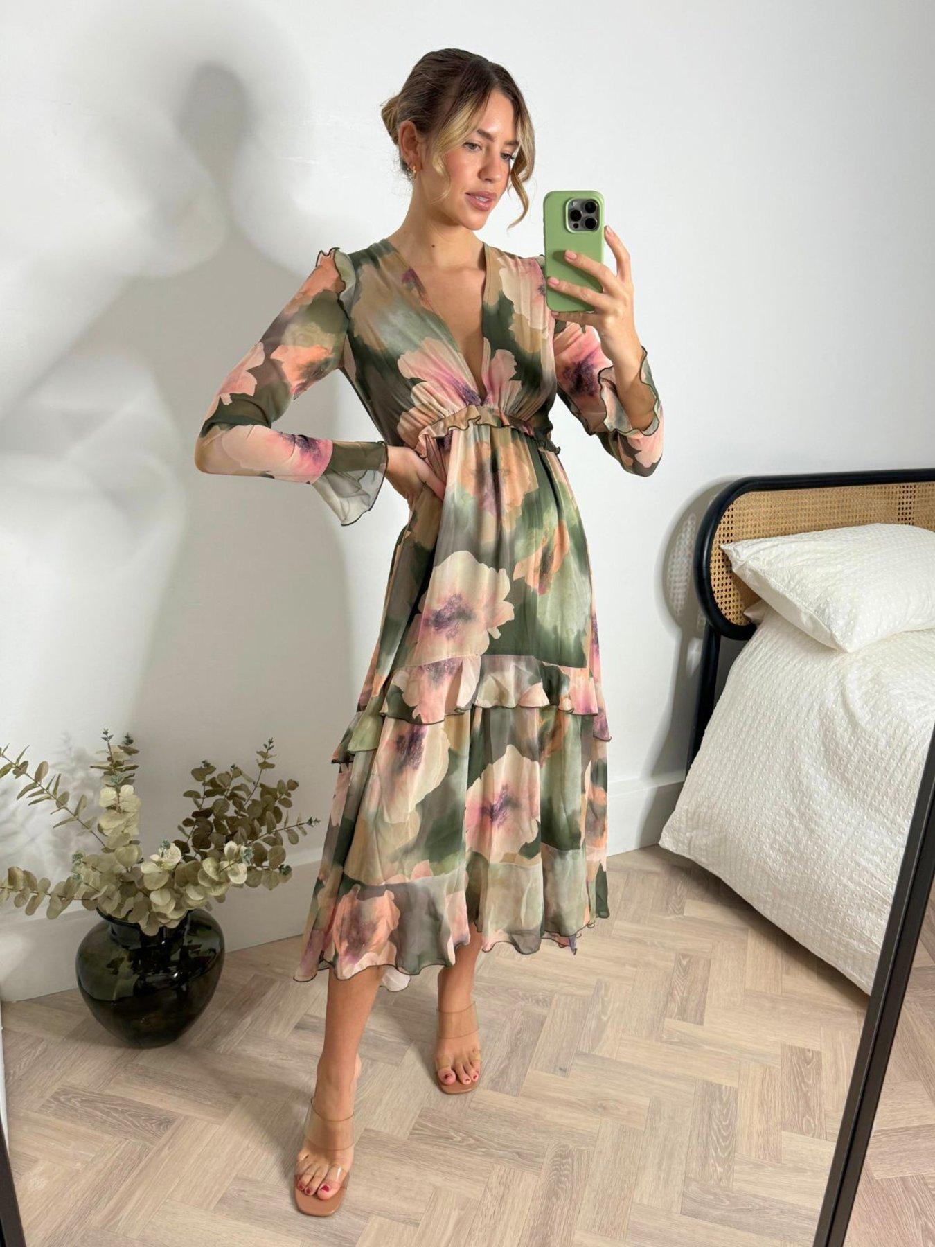 Image 1 of 4 of Style Cheat Floral Print Ruffle Midi Dress - Green