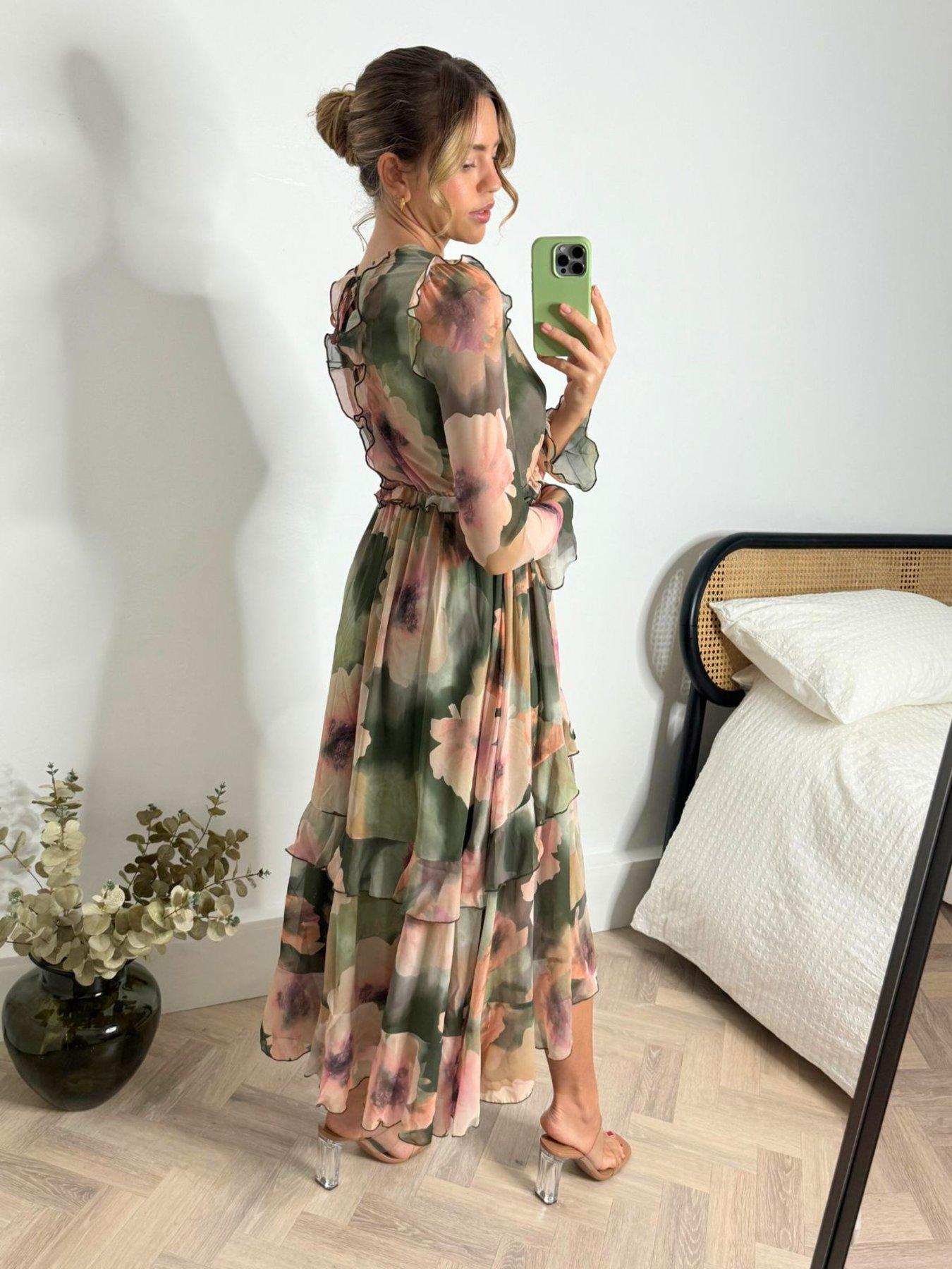 Image 2 of 4 of Style Cheat Floral Print Ruffle Midi Dress - Green
