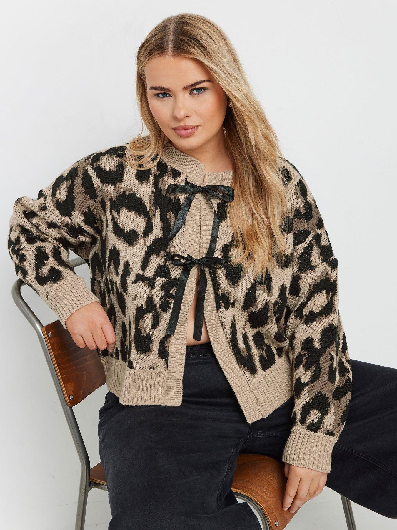 Yours Curve Leopard Satin Bow Cardigan - Brown