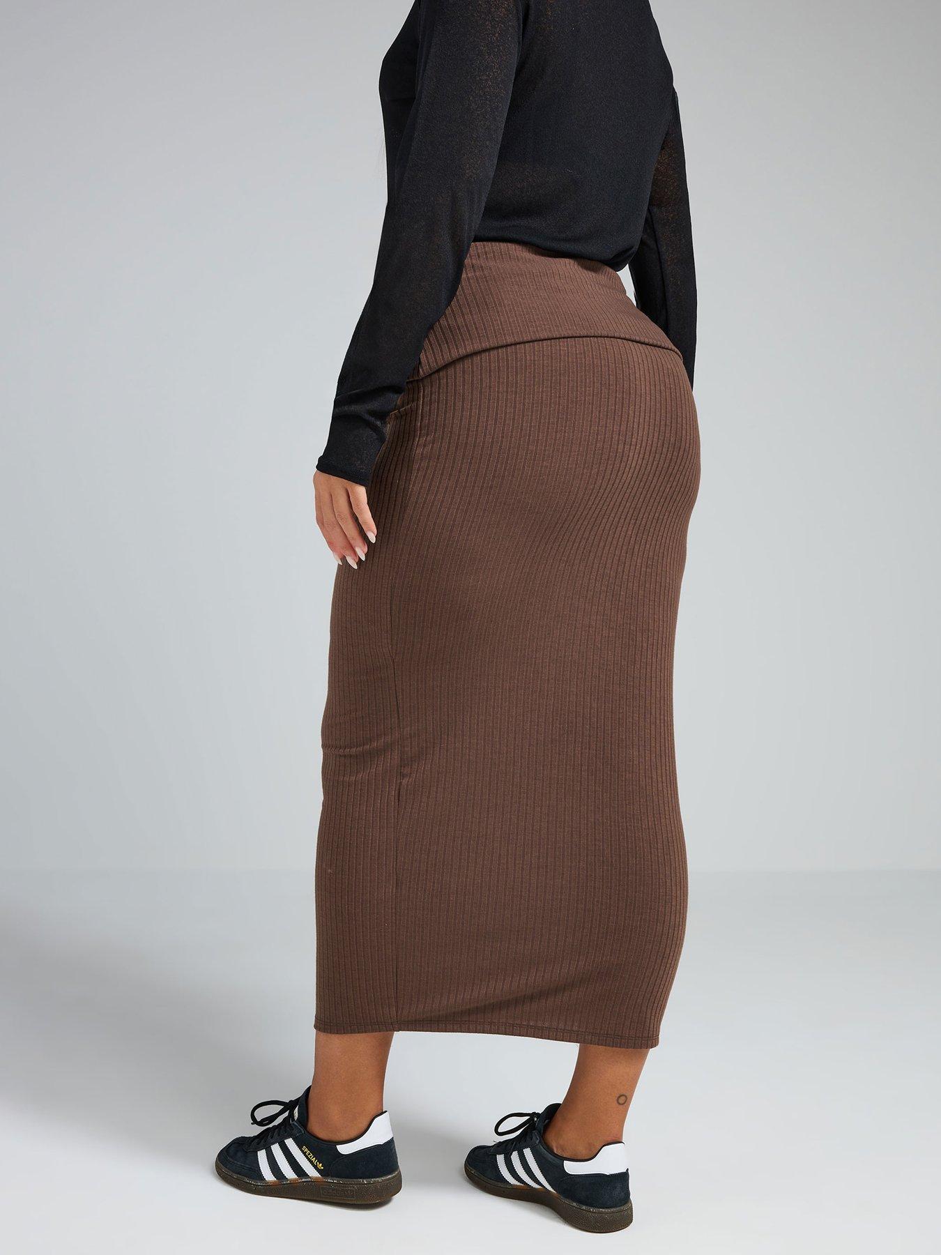 yours-curve-rib-fold-over-skirt-brownstillFront