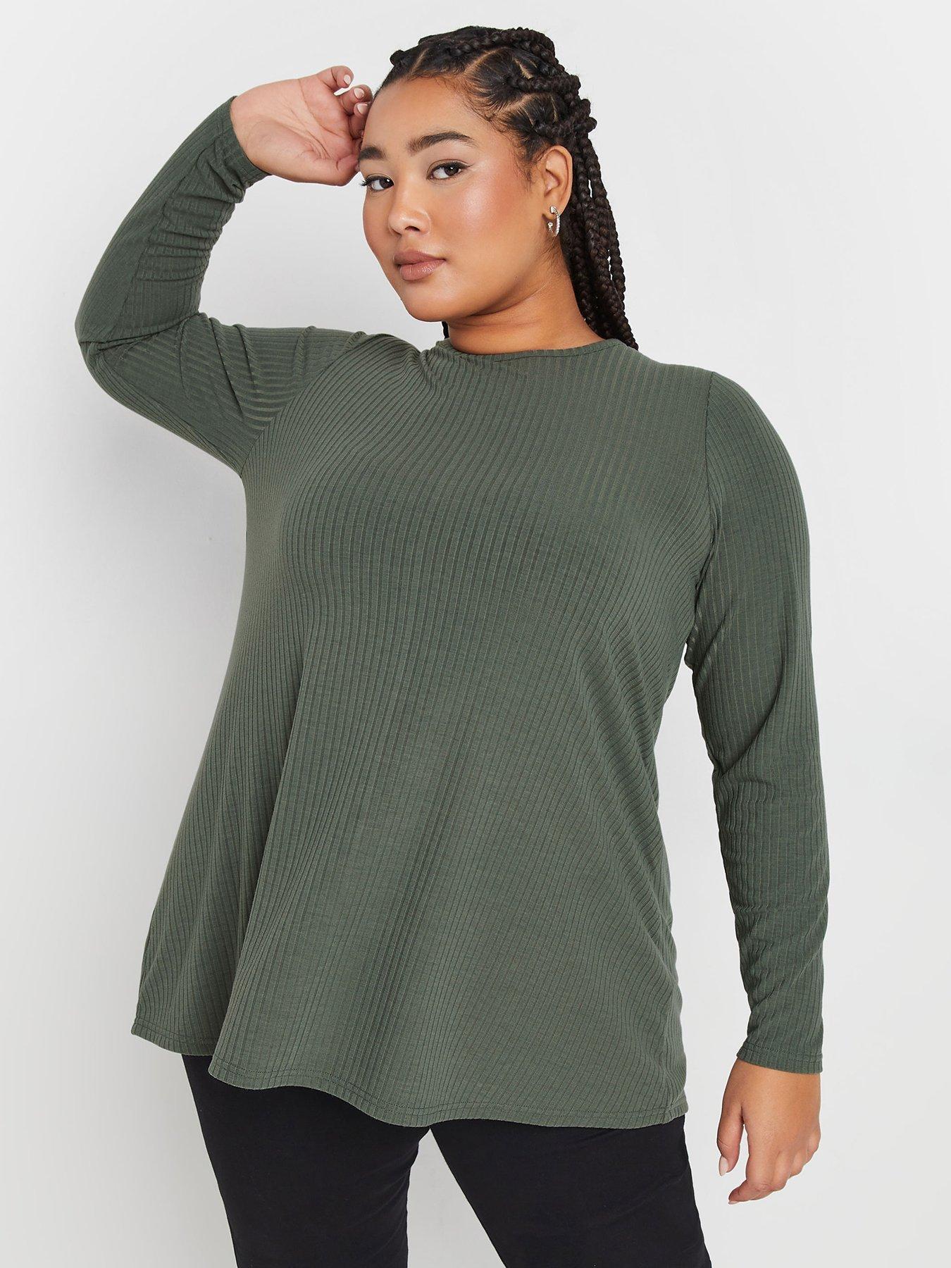 Image 1 of 4 of Yours Curve Long Sleeve Rib Swing T-shirt - Green