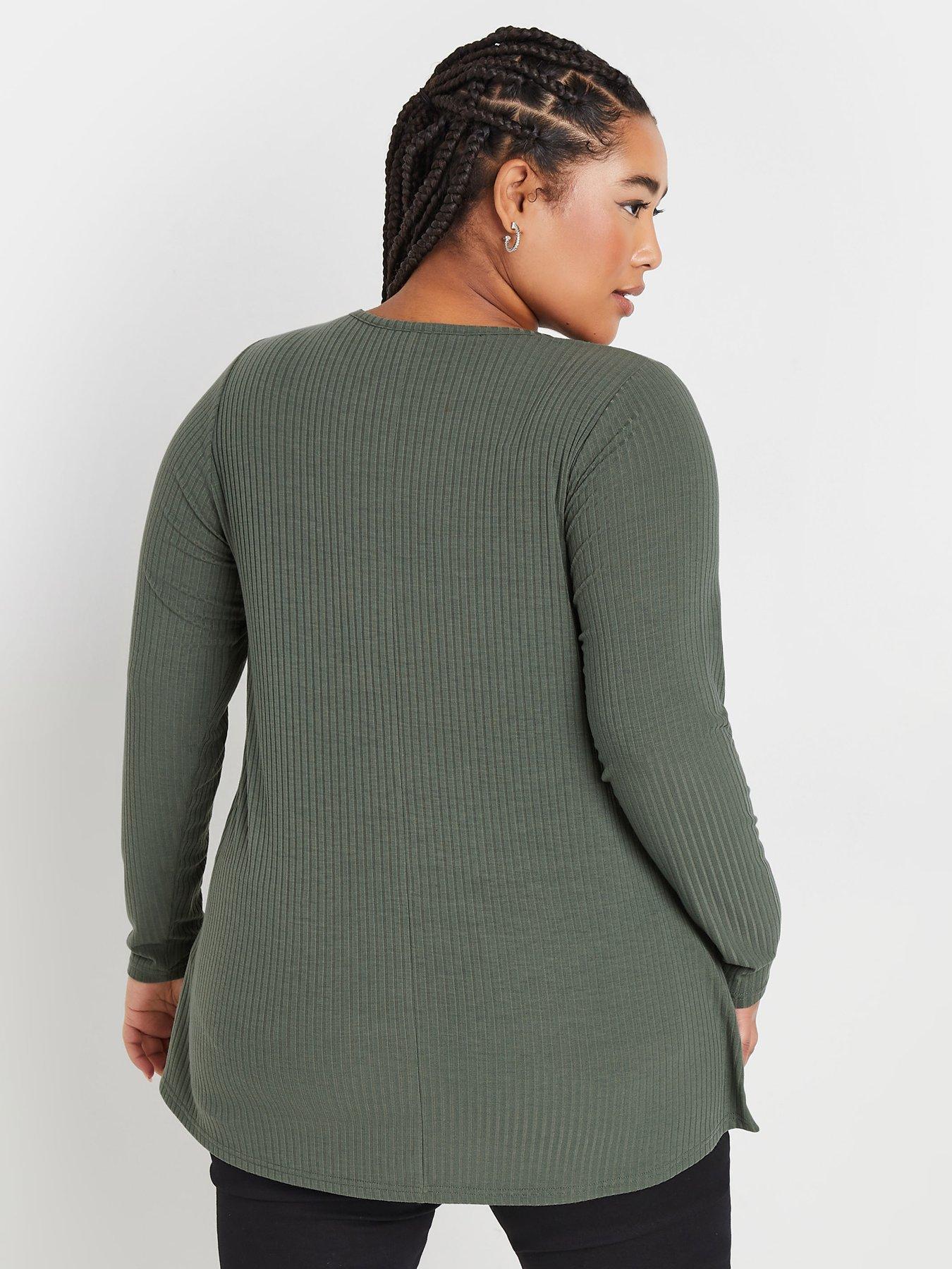 Image 2 of 4 of Yours Curve Long Sleeve Rib Swing T-shirt - Green