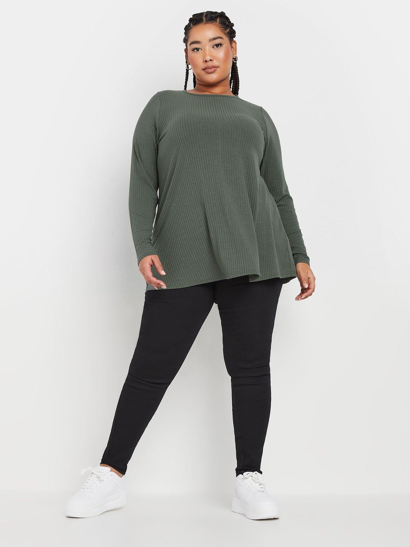 Image 3 of 4 of Yours Curve Long Sleeve Rib Swing T-shirt - Green