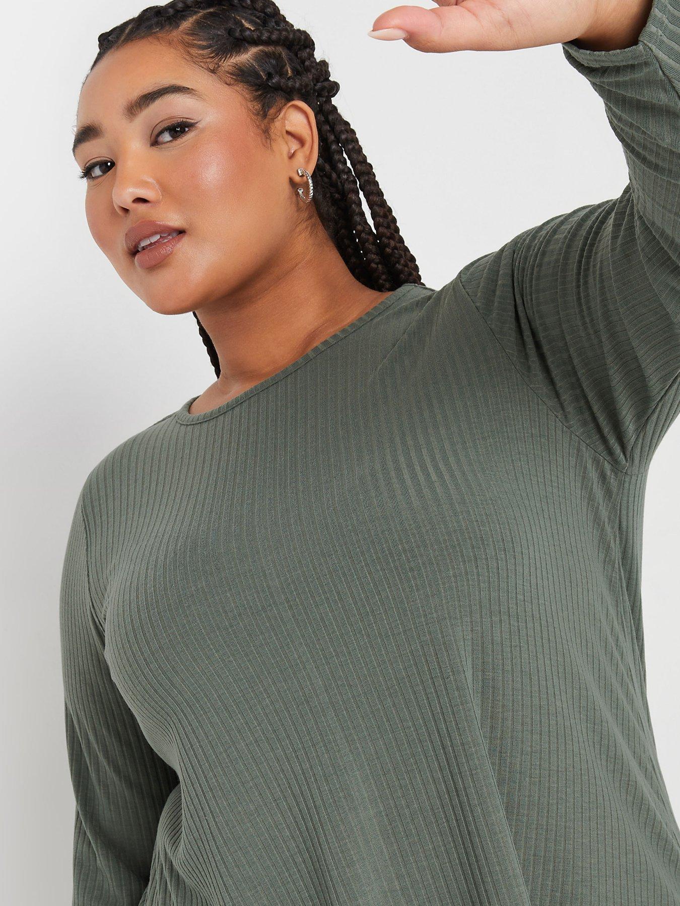 Image 4 of 4 of Yours Curve Long Sleeve Rib Swing T-shirt - Green