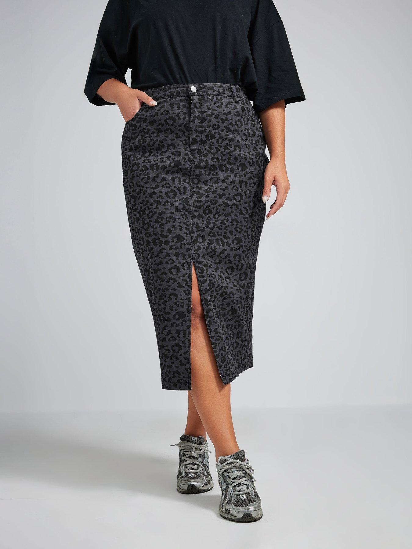 yours-curve-leopard-side-split-skirt-grey