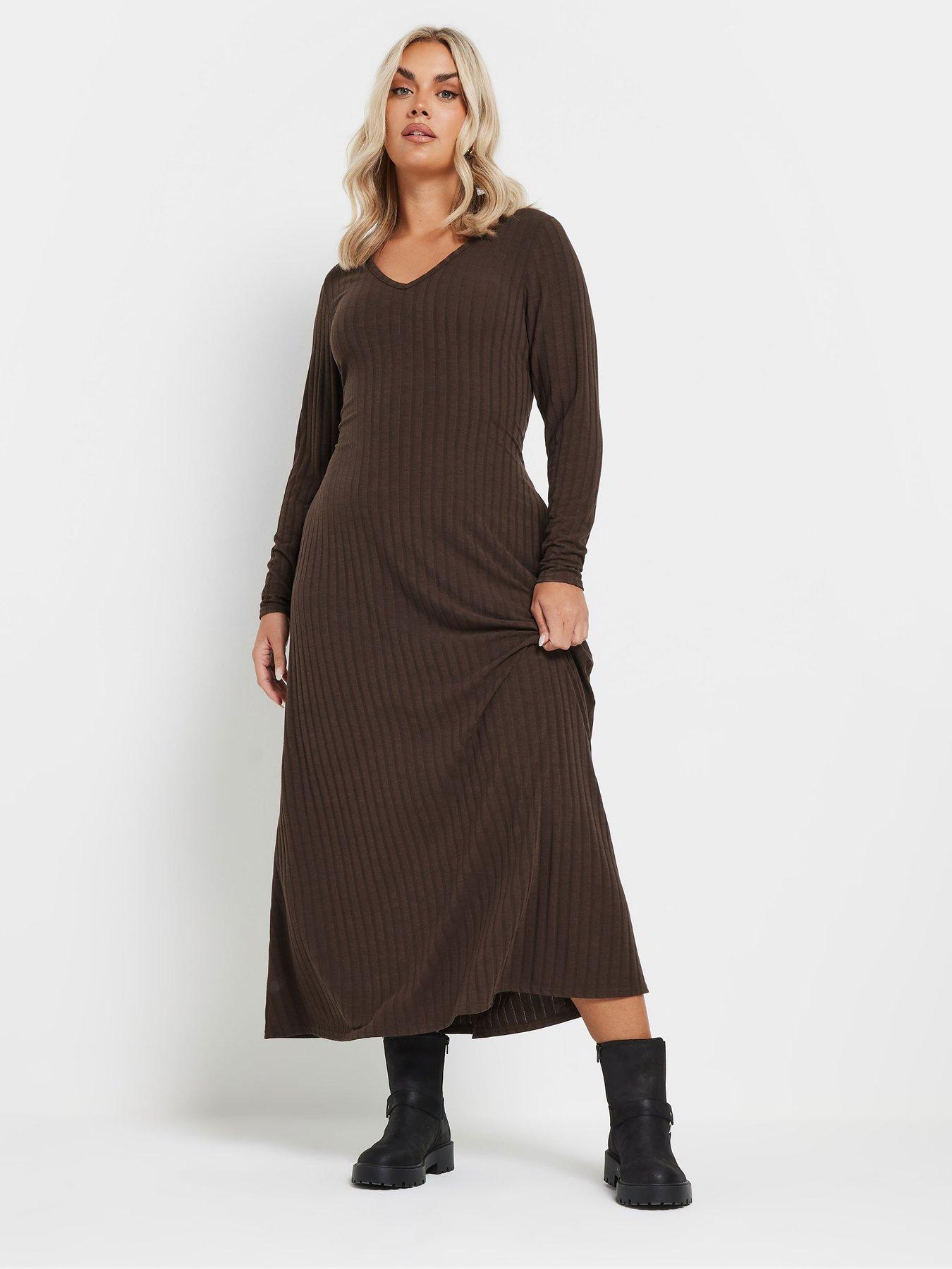 yours-curve-v-neck-rib-flare-dress-brown