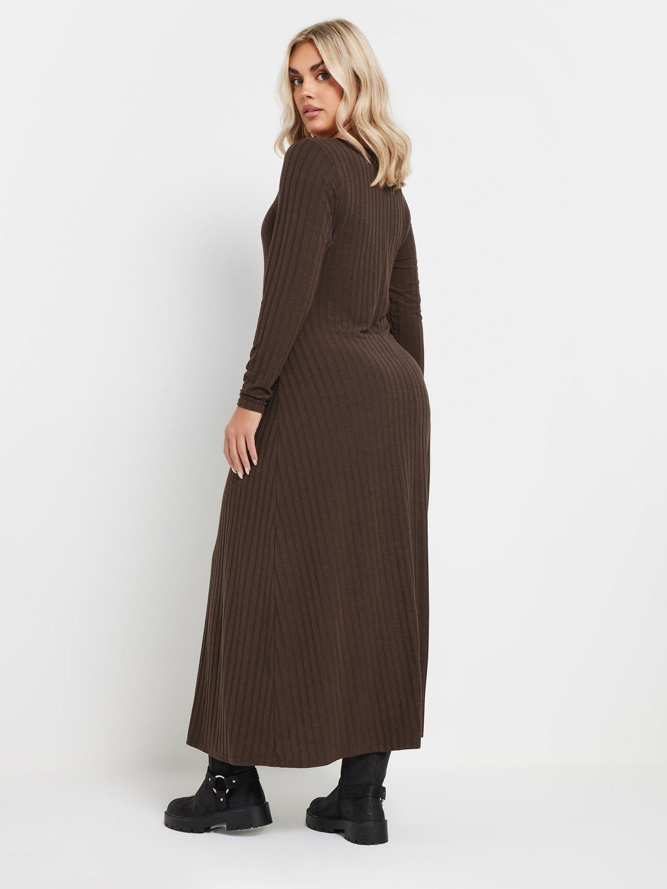 yours-curve-v-neck-rib-flare-dress-brownstillFront