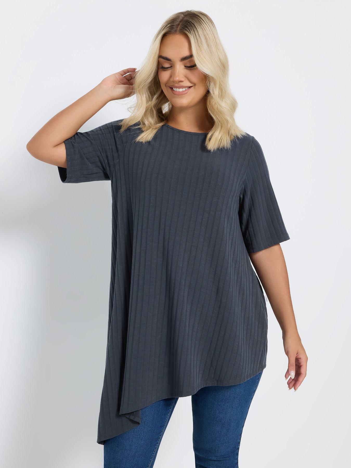 Image of Yours Curve Asymmetric Wide Ribbed T-Shirt - Grey