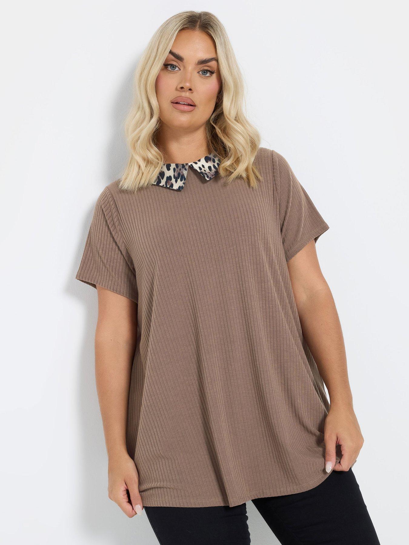 yours-curve-collar-ribbed-swing-t-shirt-brown