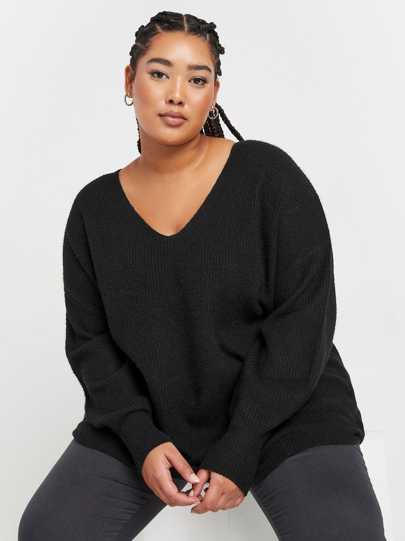 Yours Curve V-neck Balloon Sleeve Jumper - Black