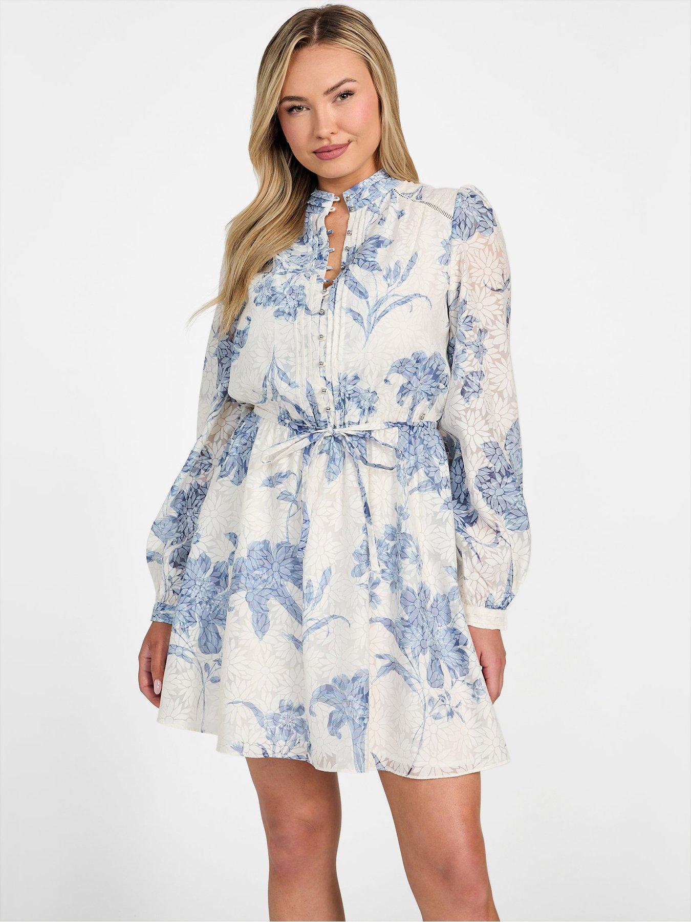 Guess Adlaide Long Sleeve Flare Dress - Floral Blue