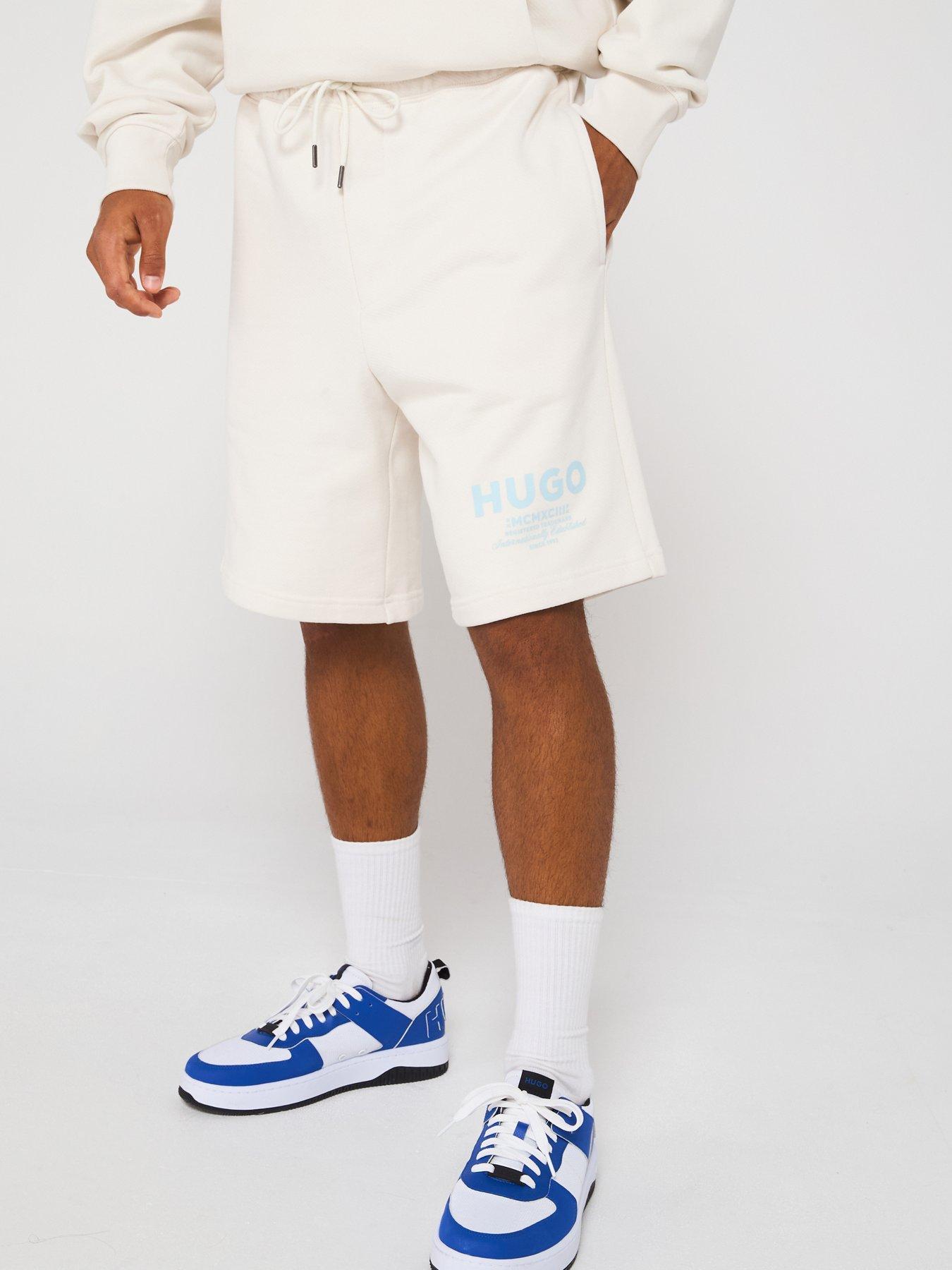 Image 1 of 5 of HUGO Blue Nomario Oversized International Logo Jersey Shorts - White
