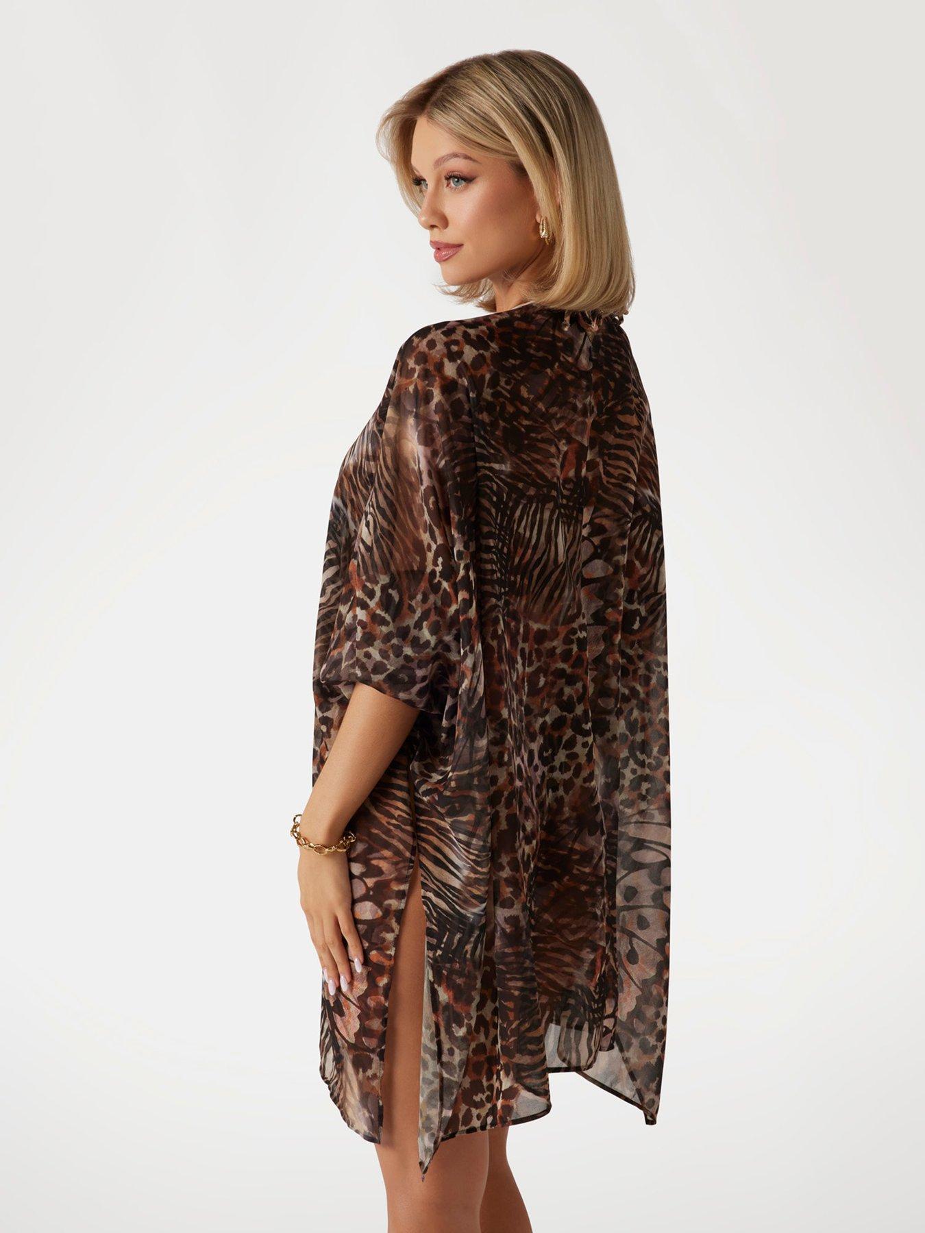 Image 2 of 6 of Guess Leopard Print Beach Kimono - Brown
