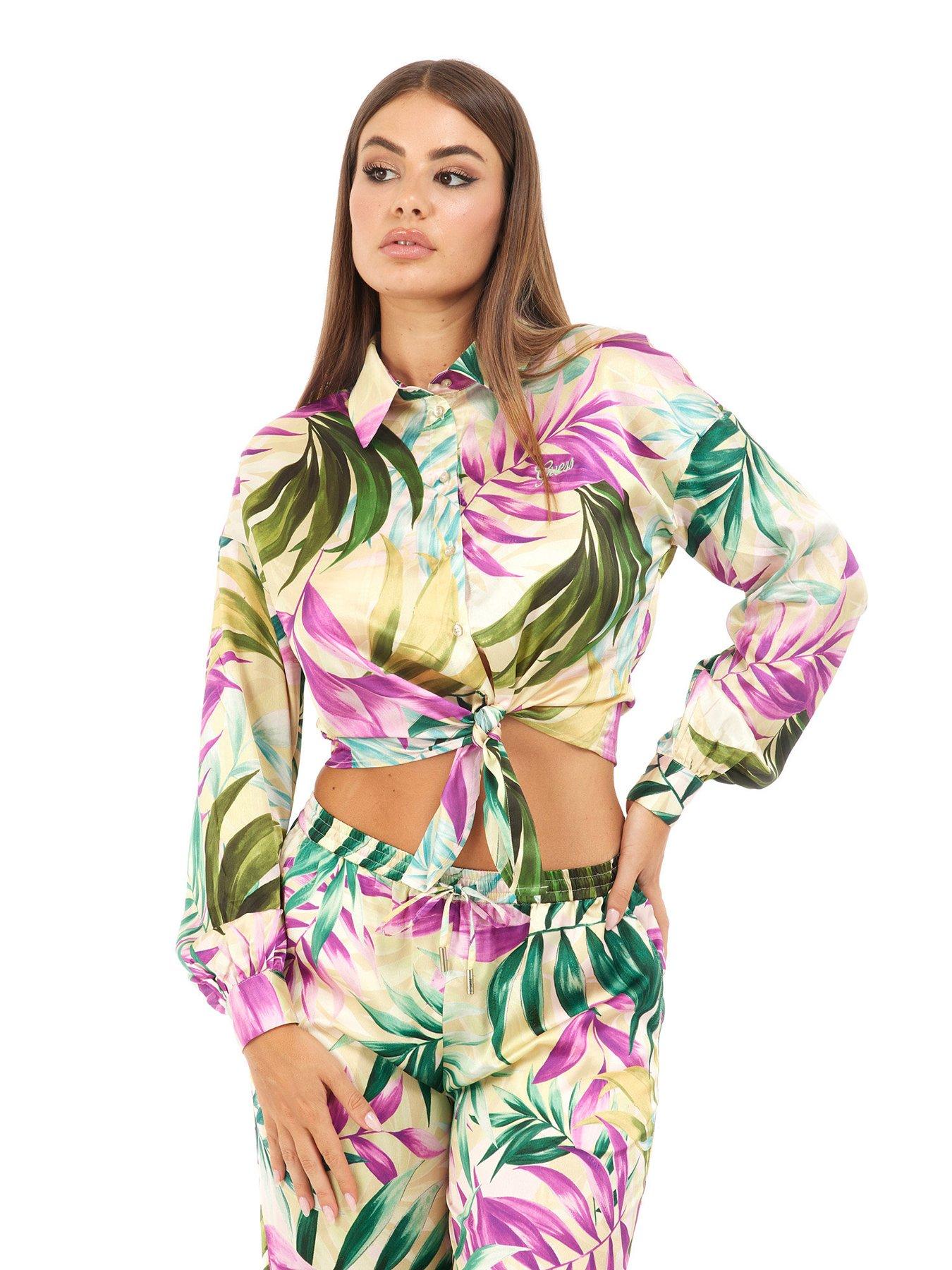 Image 1 of 3 of Guess Long Sleeve Cropped Satin Shirt - Green