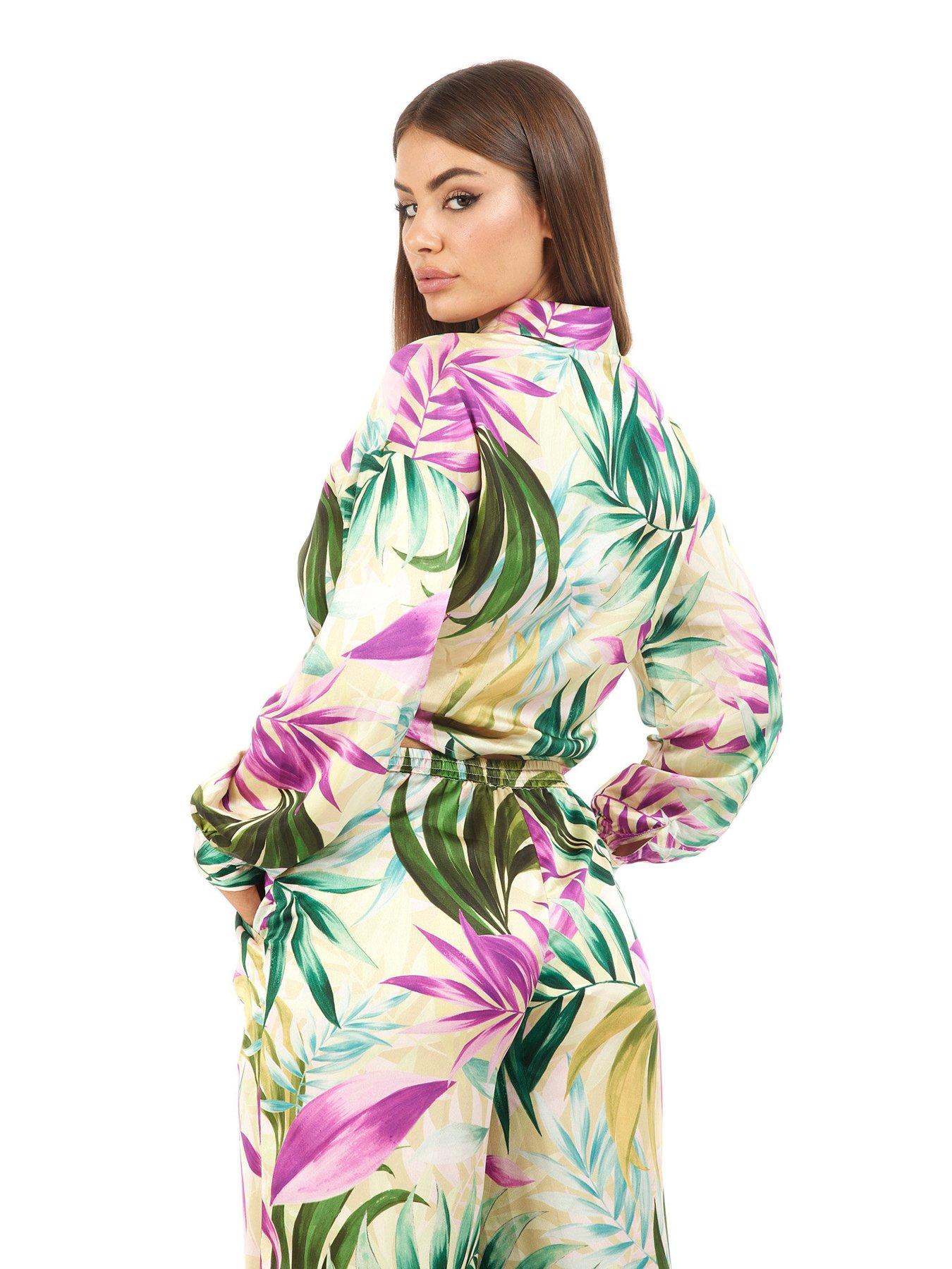 Image 2 of 3 of Guess Long Sleeve Cropped Satin Shirt - Green