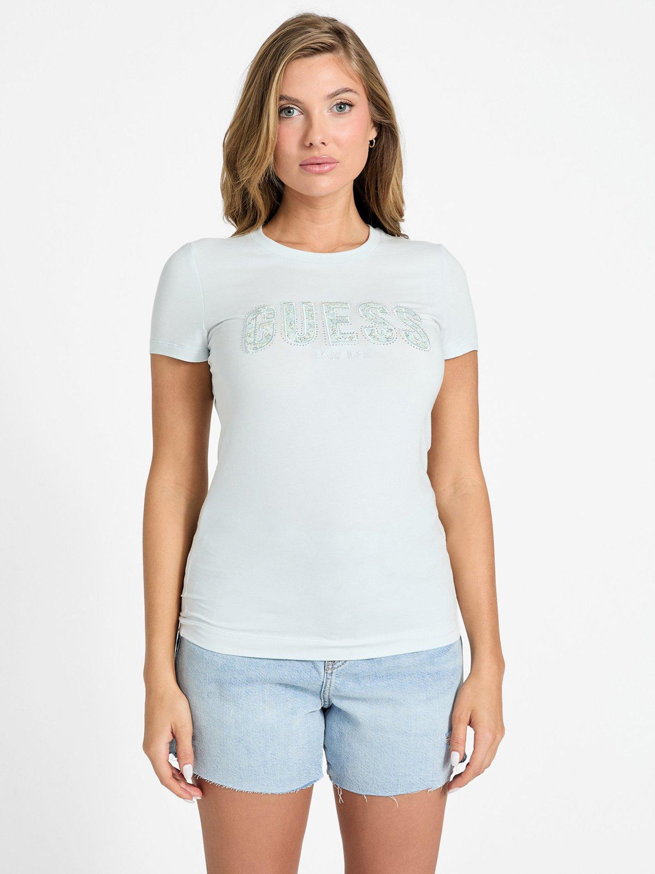 Guess Crewneck Short Sleeve Logo Lace Tee - Blue