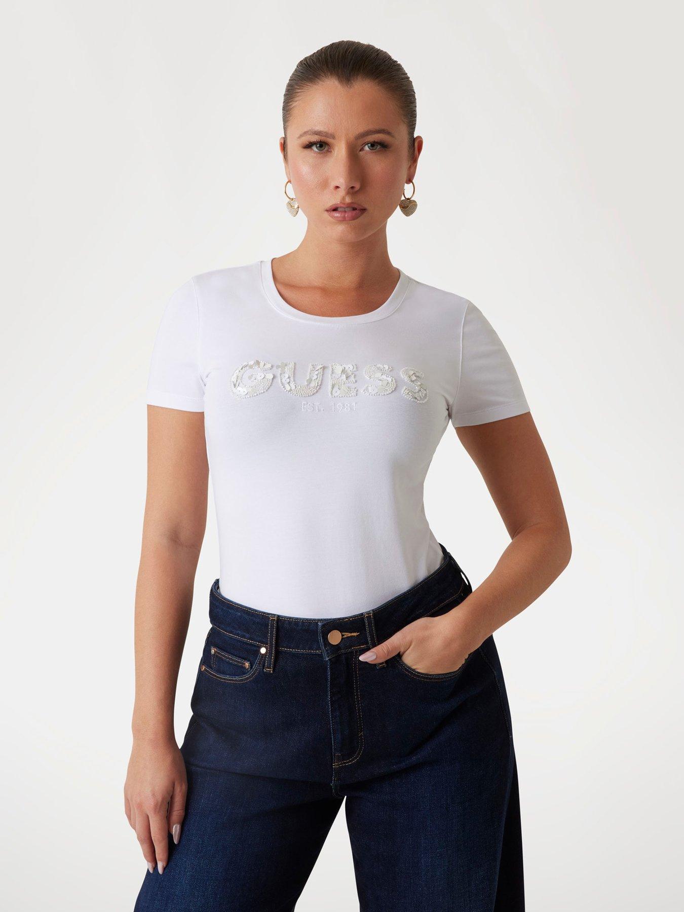 Image 1 of 4 of Guess Short Sleeve Logo Sequin T-Shirt - White