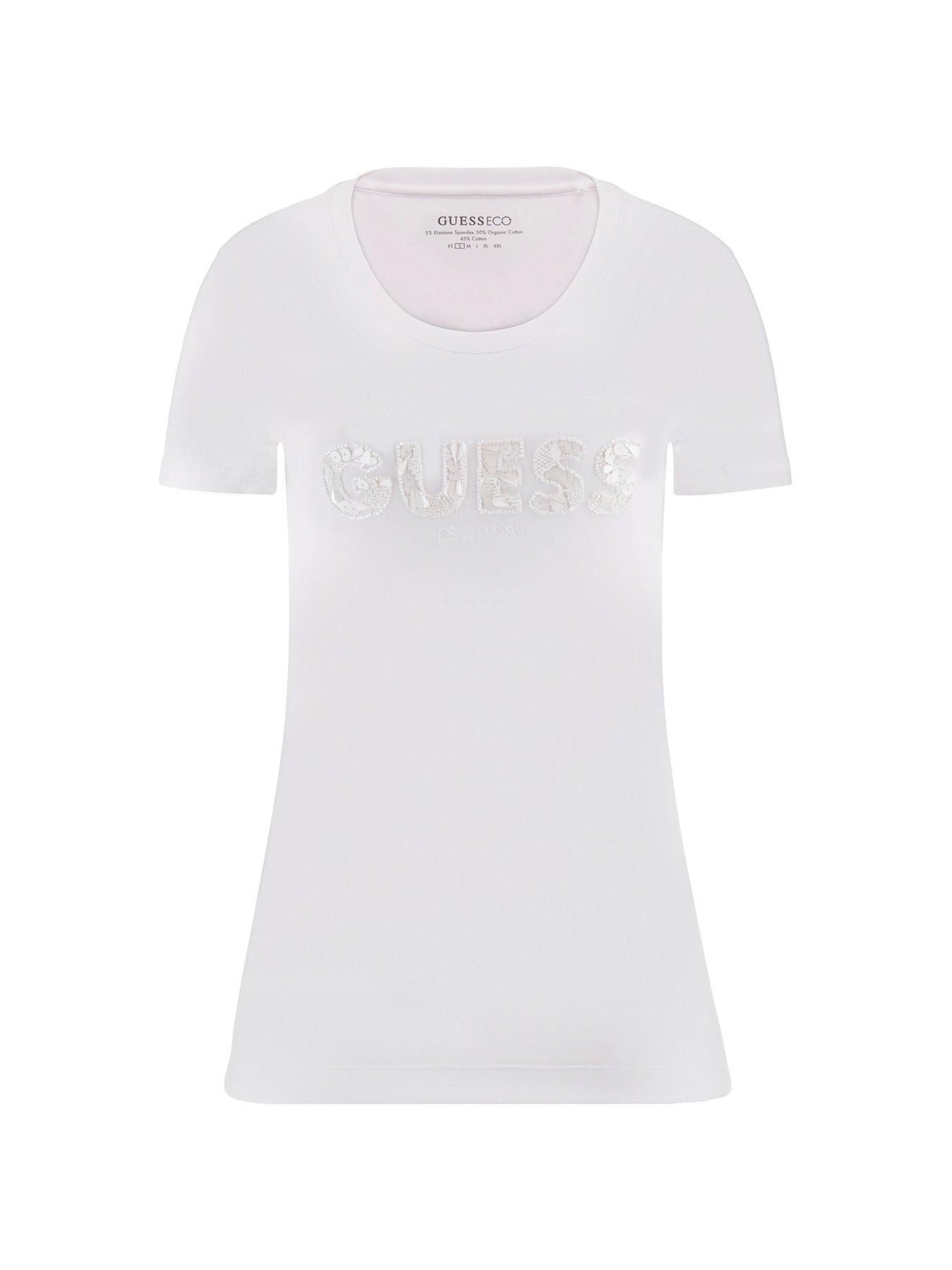 Image 4 of 4 of Guess Short Sleeve Logo Sequin T-Shirt - White