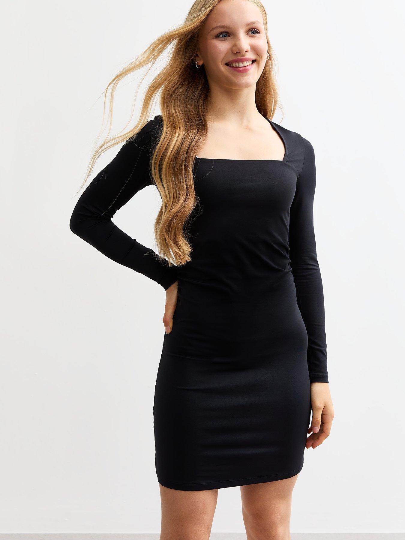 new-look-915-girls-black-ruched-jersey-dress