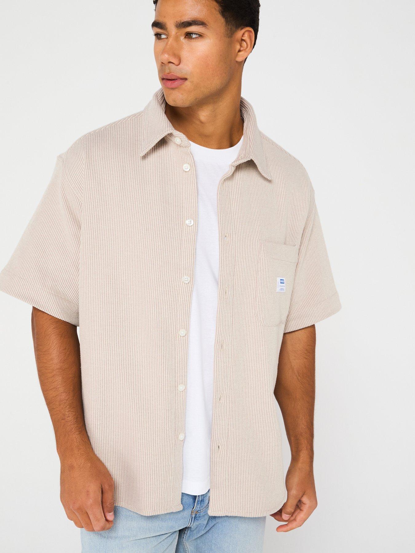 Image of HUGO Blue Ebronn Waffle Short Sleeve Shirt - Light Beige