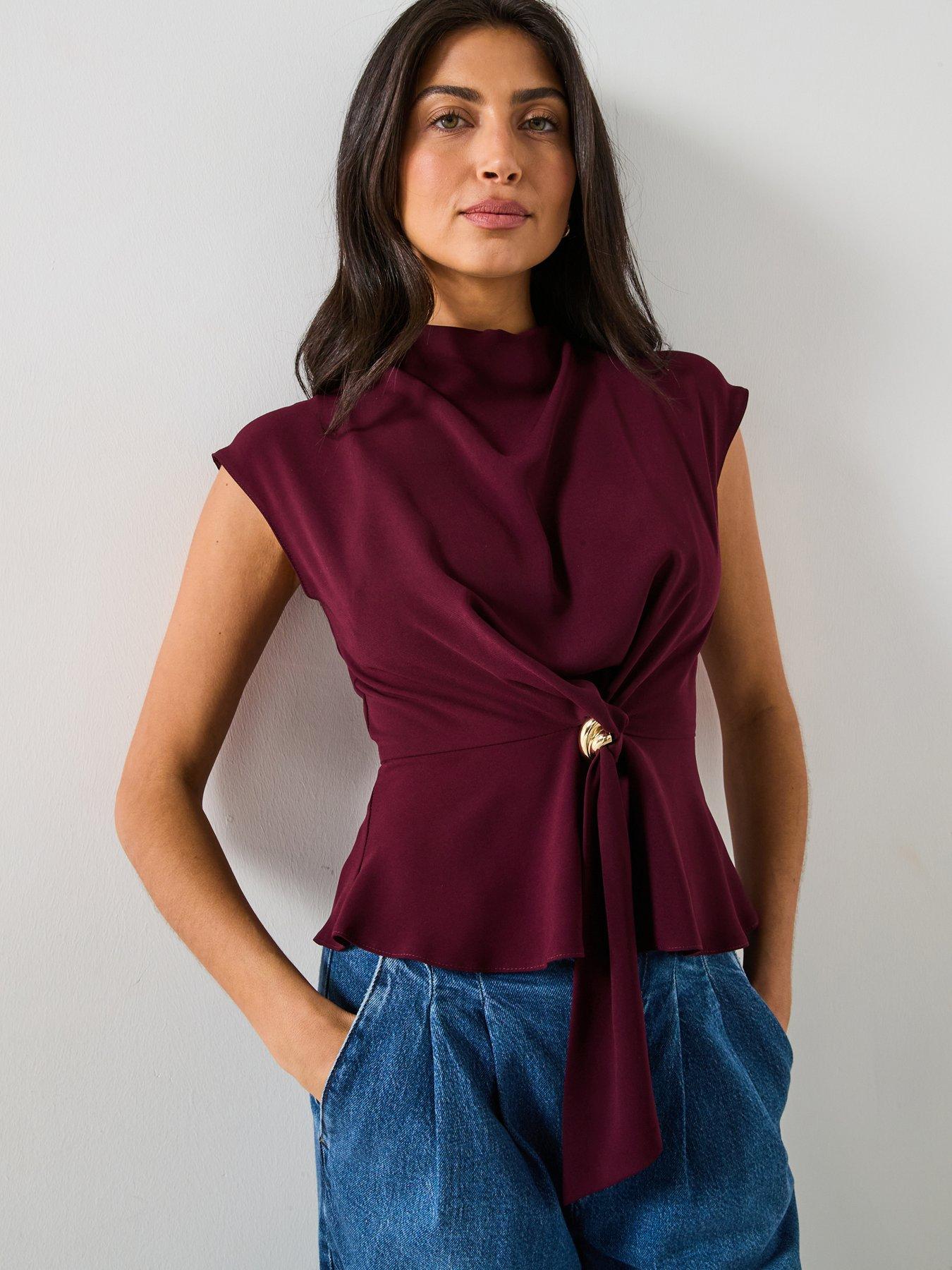 v-by-very-tie-front-cap-sleeve-top-burgundy