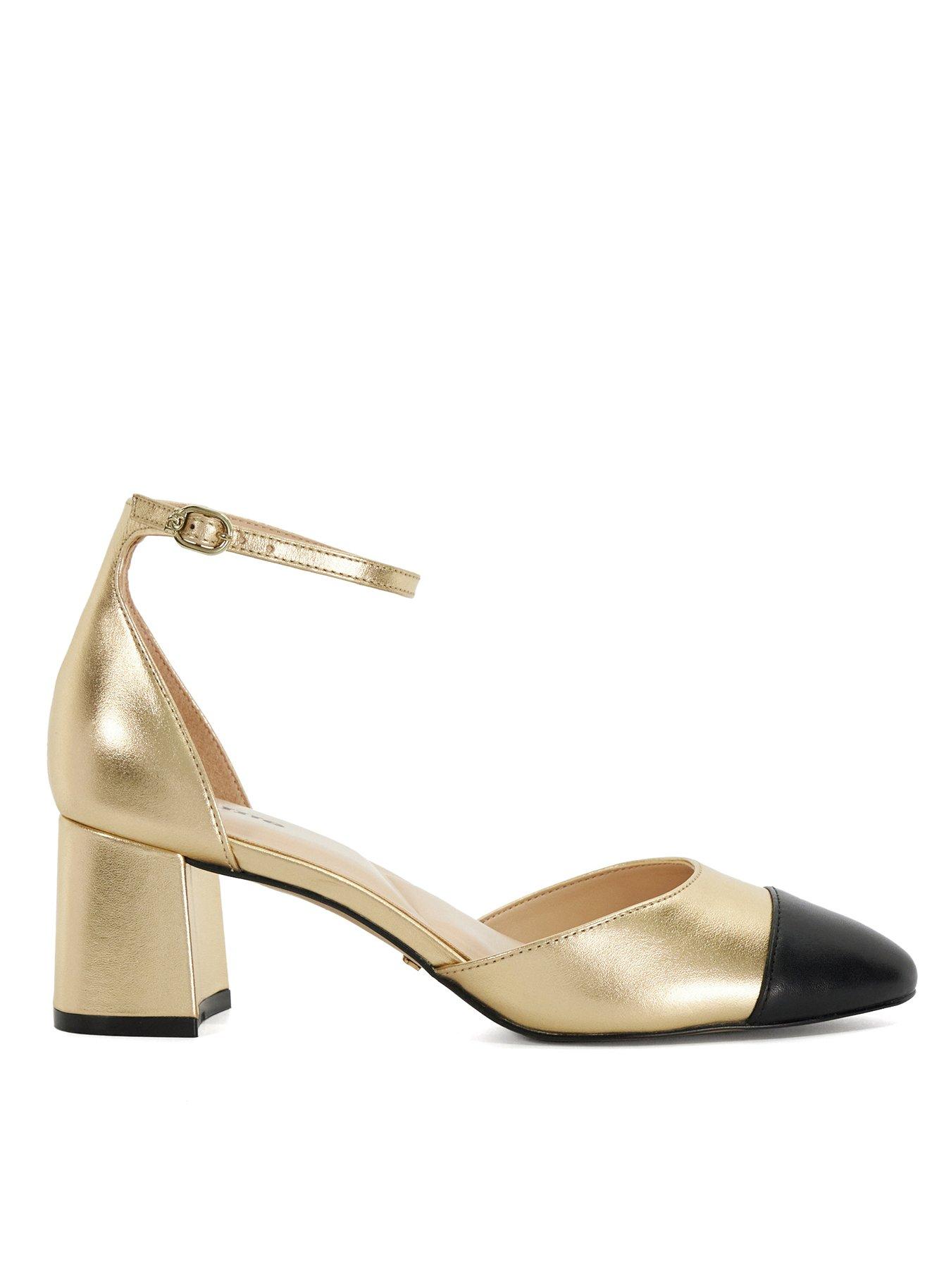 Dune London Careless Leather Block Heel Ankle Strap Courts Gold Very Ireland