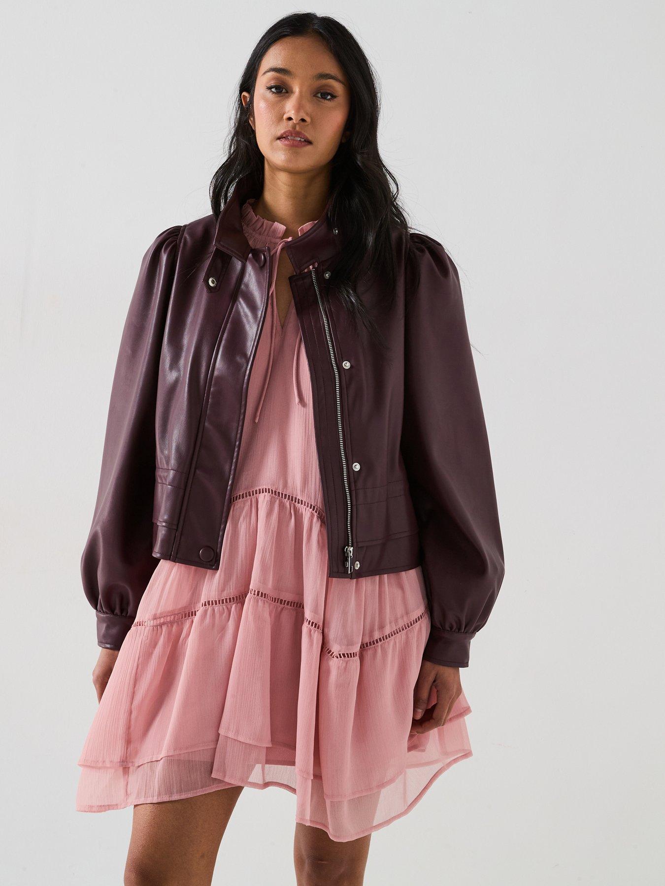 Image 1 of 6 of V by Very Faux Leather Puff Sleeve Peplum Jacket - Burgundy