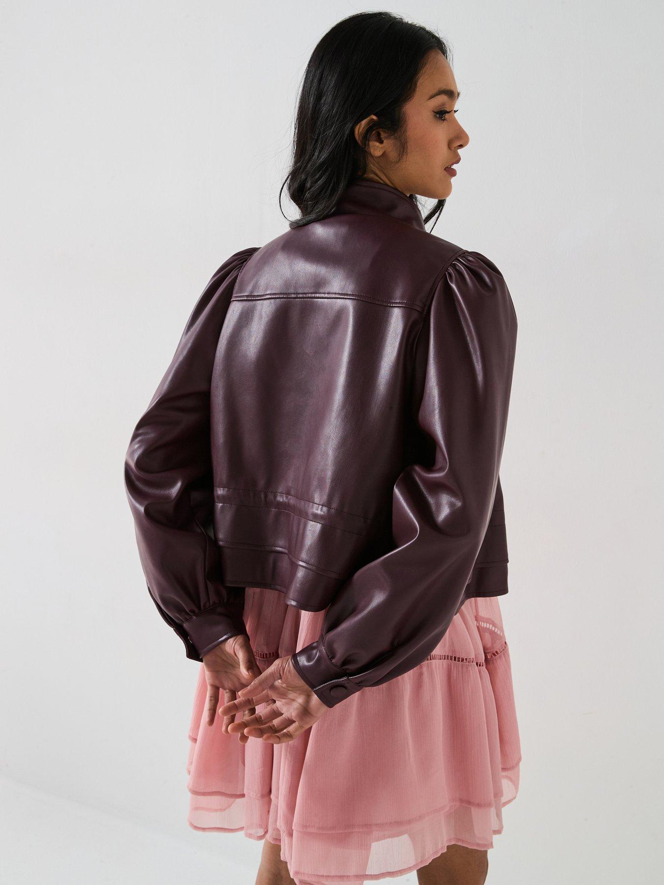 Image 2 of 6 of V by Very Faux Leather Puff Sleeve Peplum Jacket - Burgundy