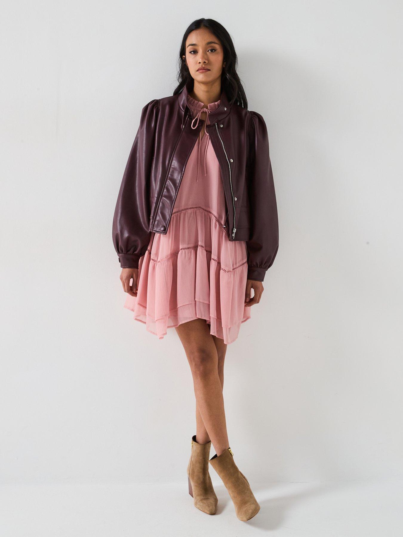 Image 3 of 6 of V by Very Faux Leather Puff Sleeve Peplum Jacket - Burgundy