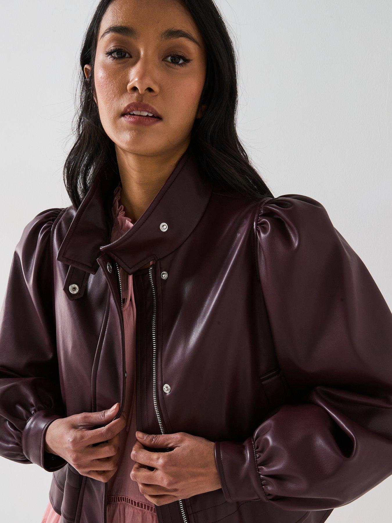 Image 4 of 6 of V by Very Faux Leather Puff Sleeve Peplum Jacket - Burgundy