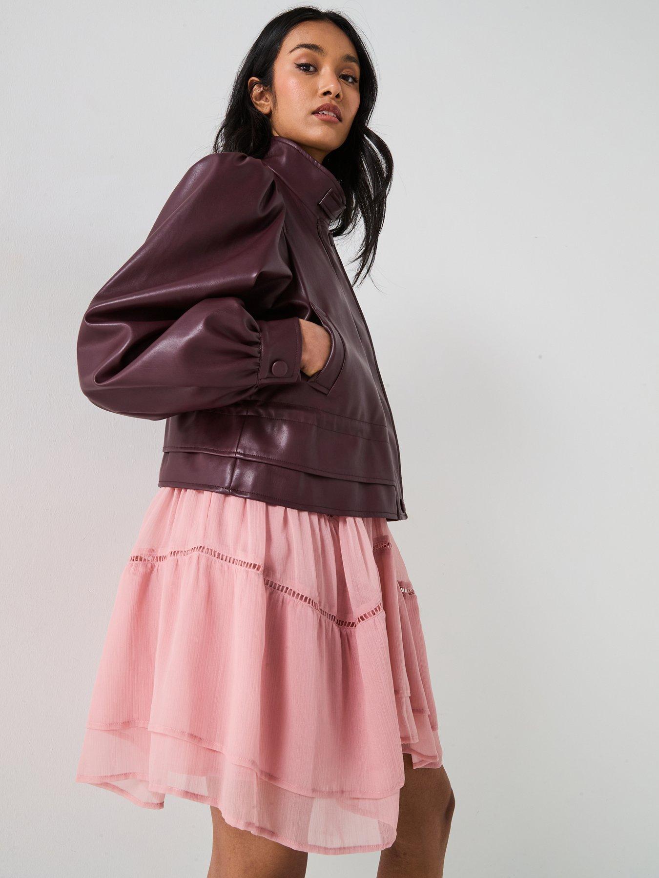 Image 5 of 6 of V by Very Faux Leather Puff Sleeve Peplum Jacket - Burgundy