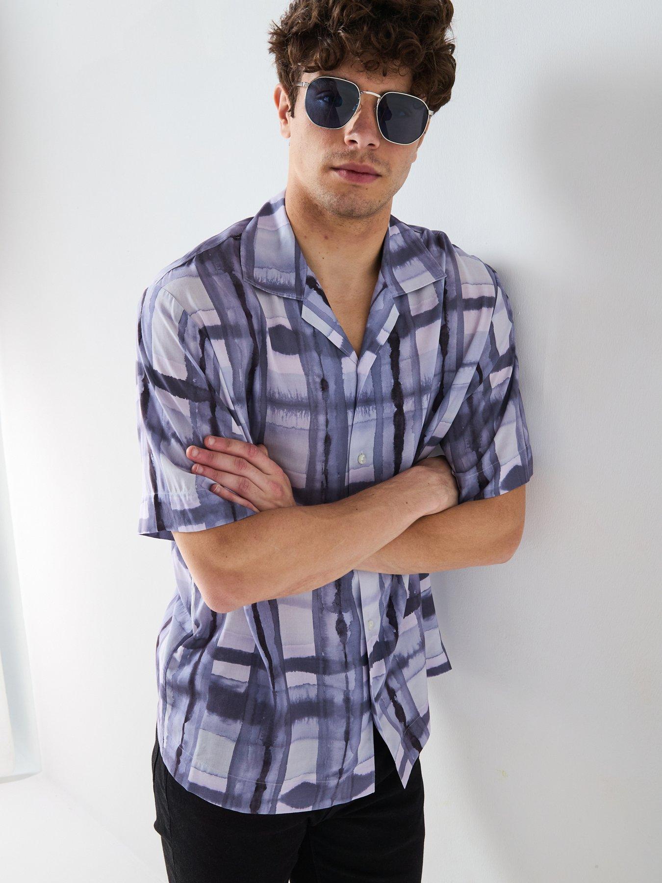 HUGO Espino Relaxed Check Short Sleeve Shirt-Purple - Open Purple