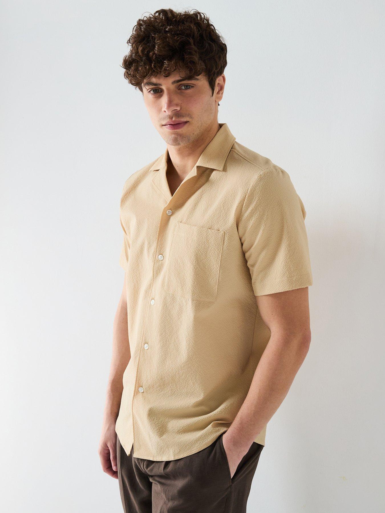 HUGO Ellino Relaxed Seersucker Short Sleeve Shirt - Beige