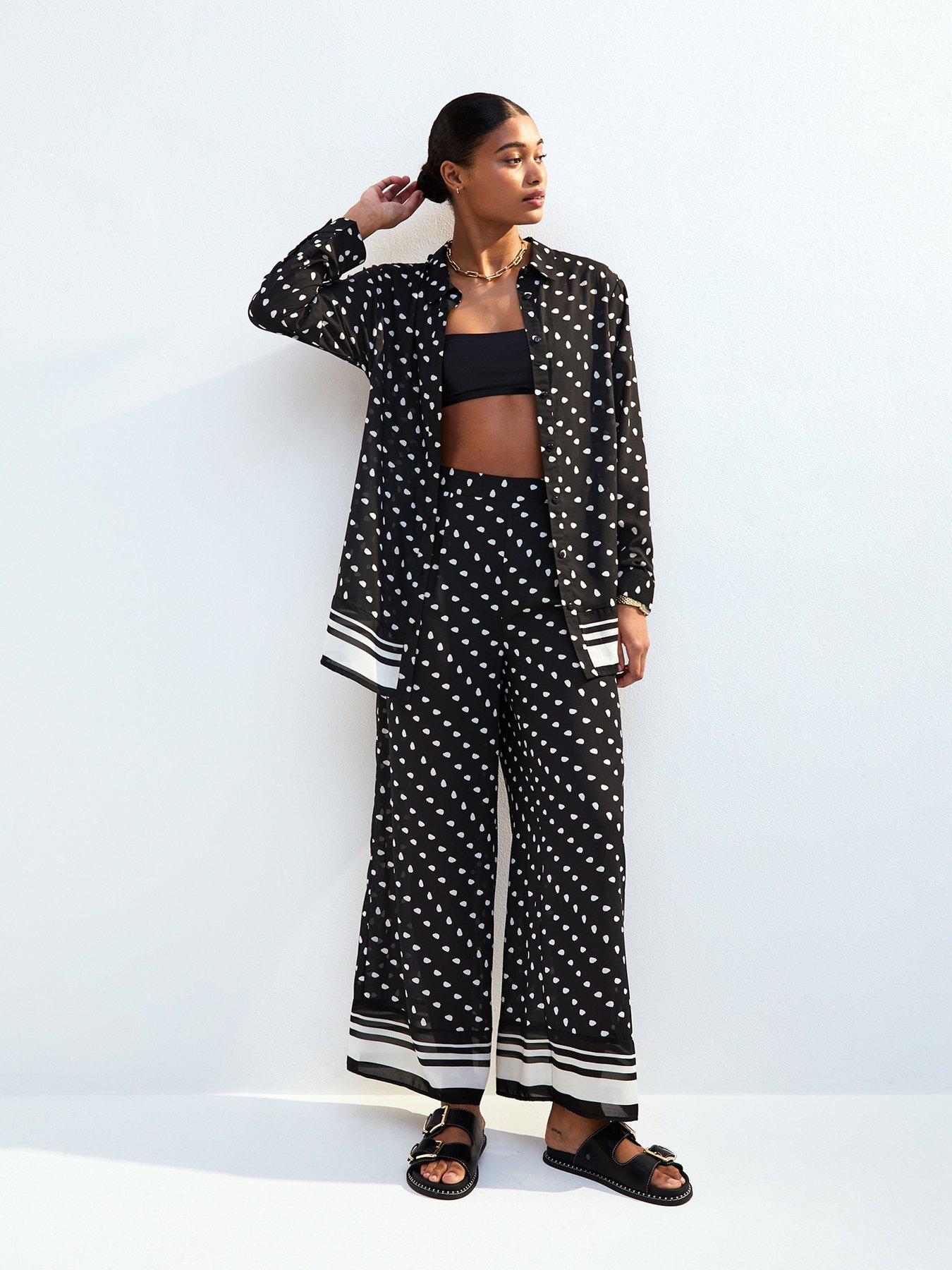 New Look Black Polka Dot Wide Leg Beach Trousers - Print