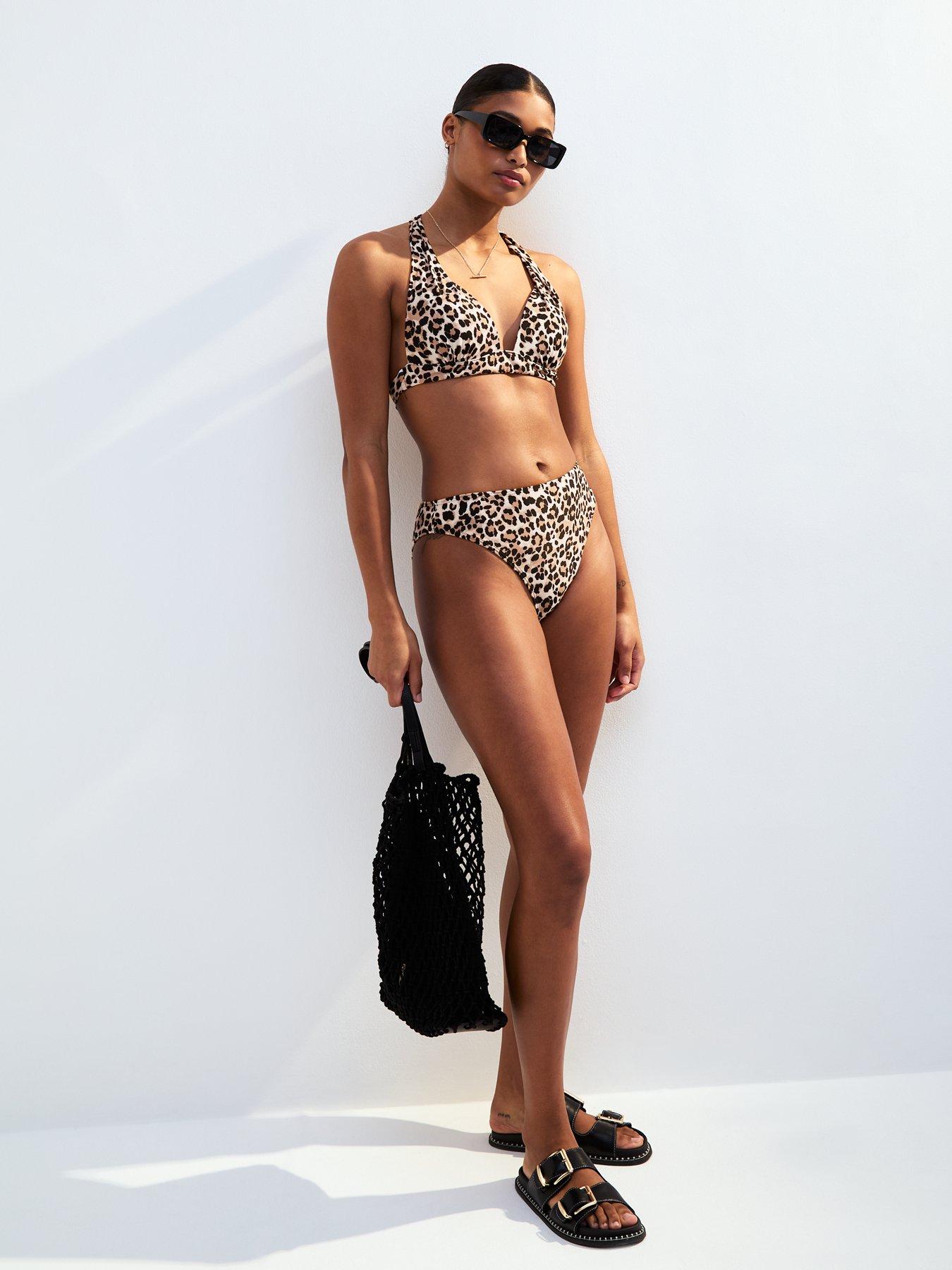 Image 1 of 5 of New Look Brown Leopard Print High Rise Bikini Bottoms