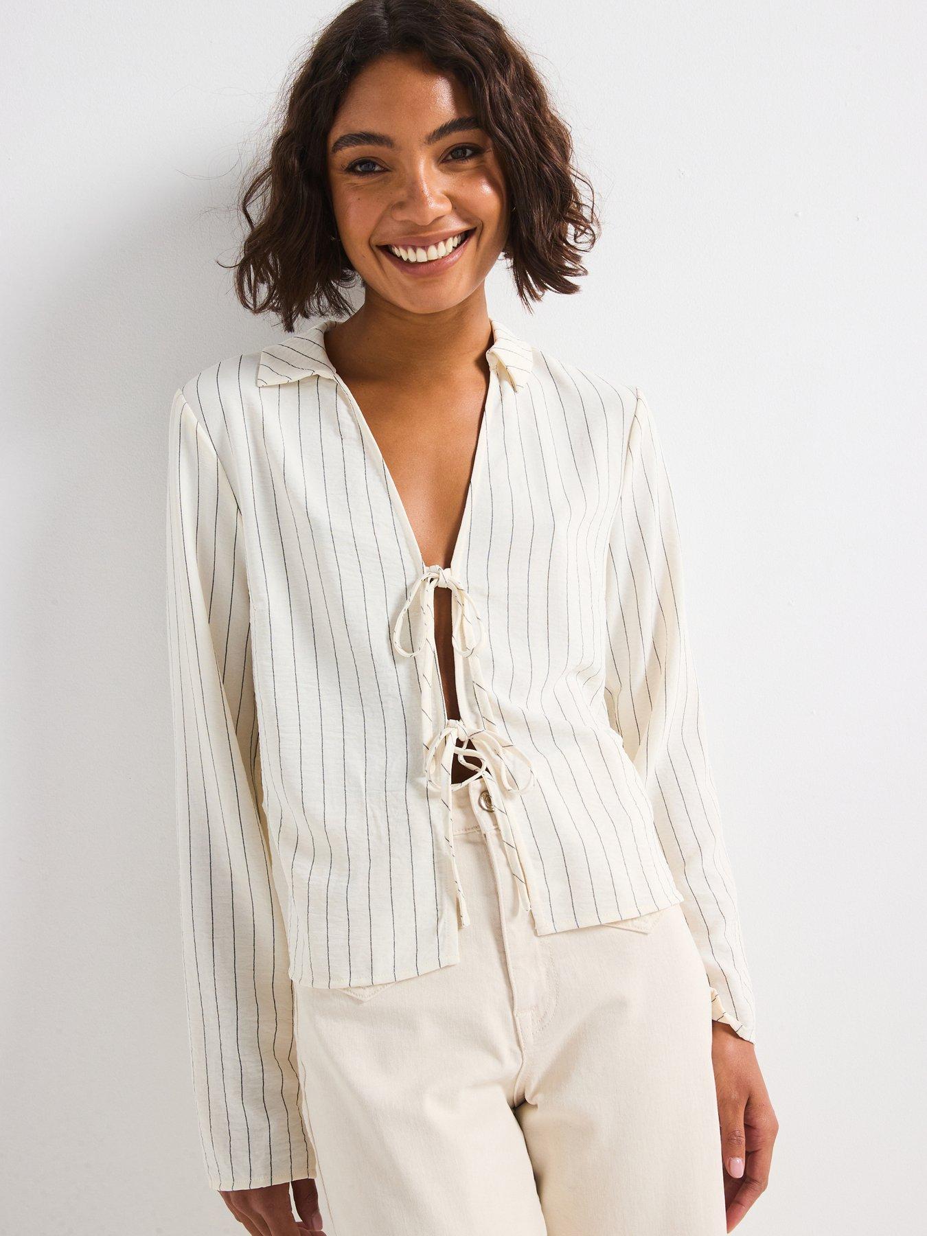 Image 1 of 6 of Only Pin Stripe Long Sleeve Tie Shirt - White