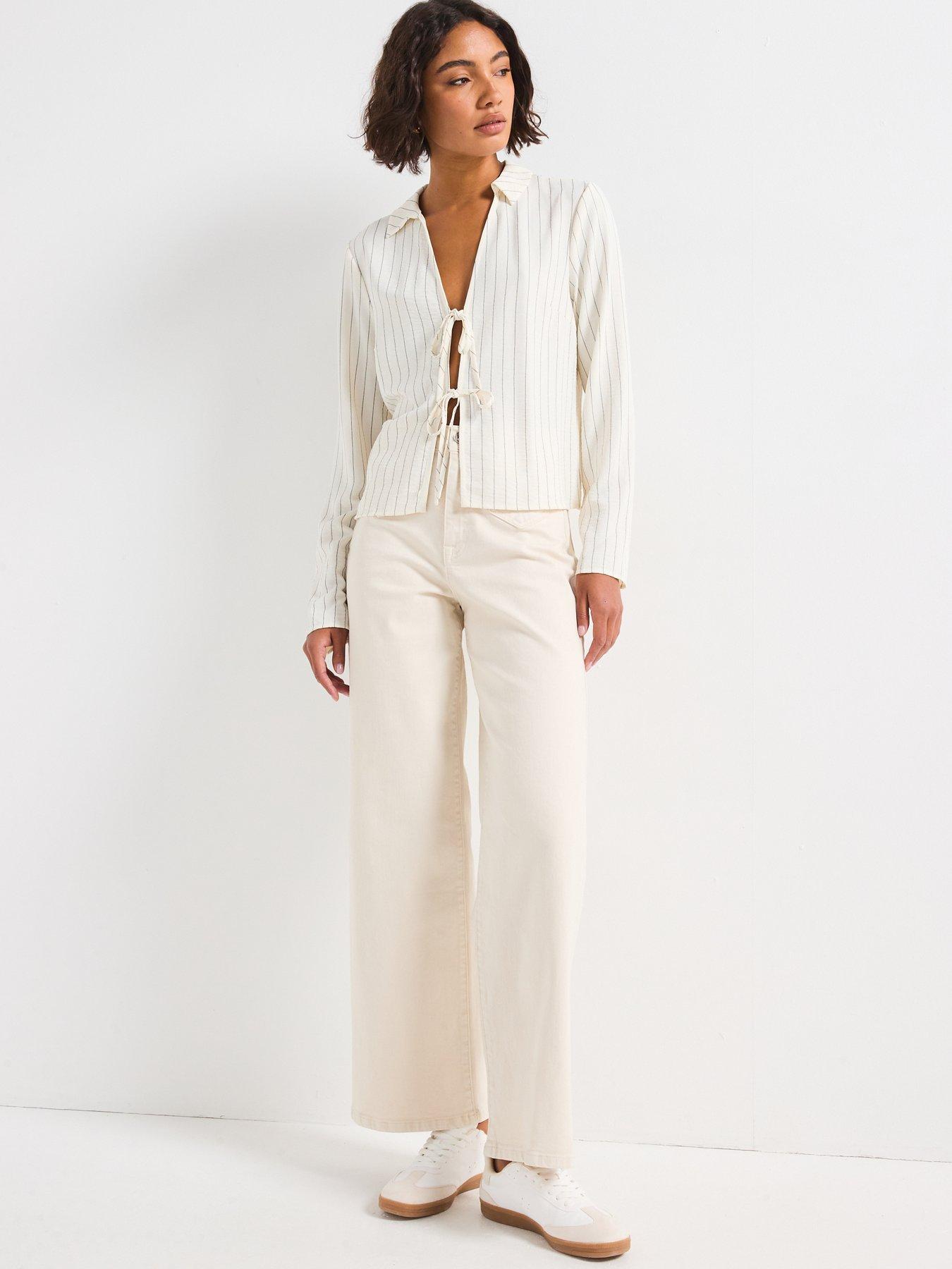 Image 3 of 6 of Only Pin Stripe Long Sleeve Tie Shirt - White