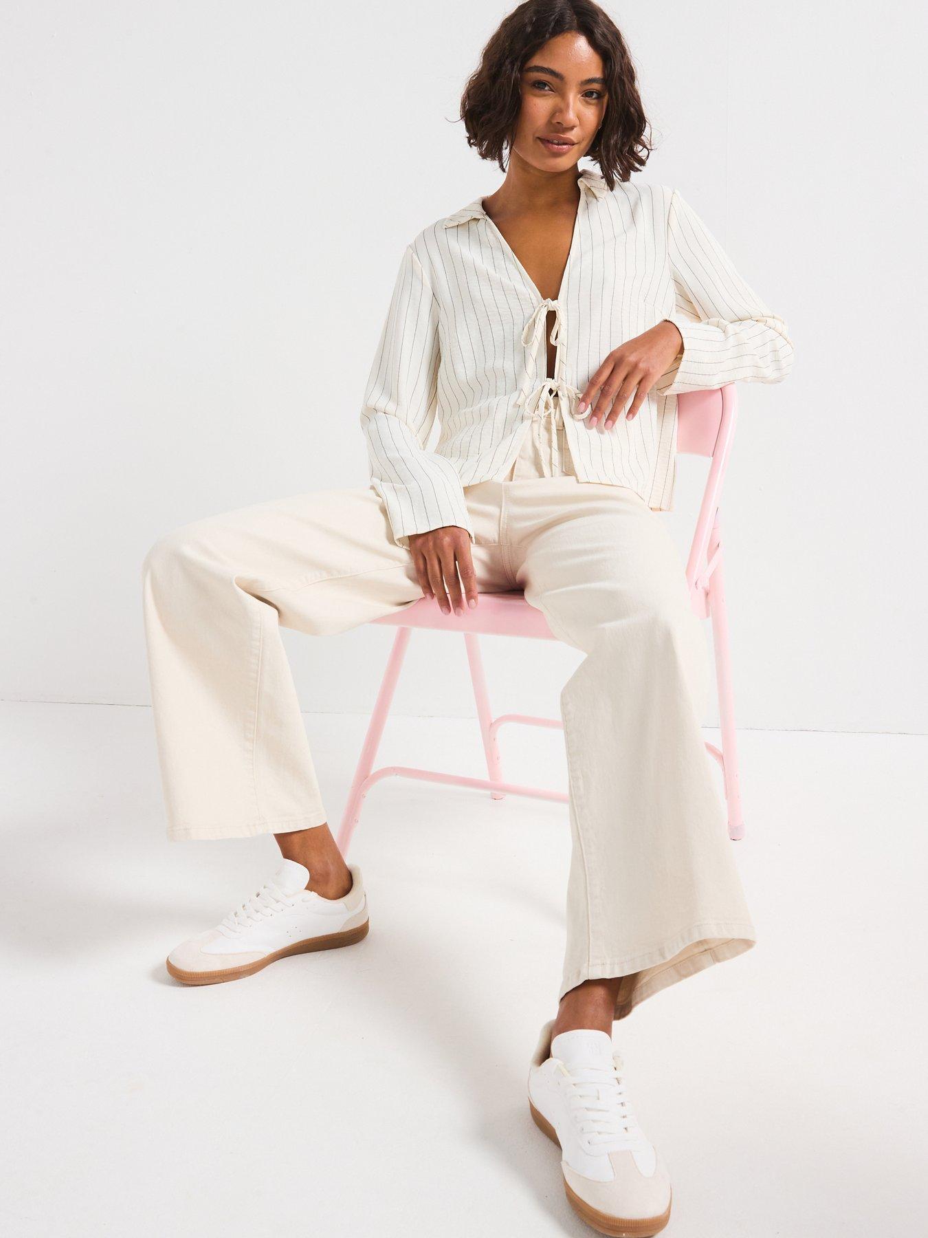 Image 4 of 6 of Only Pin Stripe Long Sleeve Tie Shirt - White