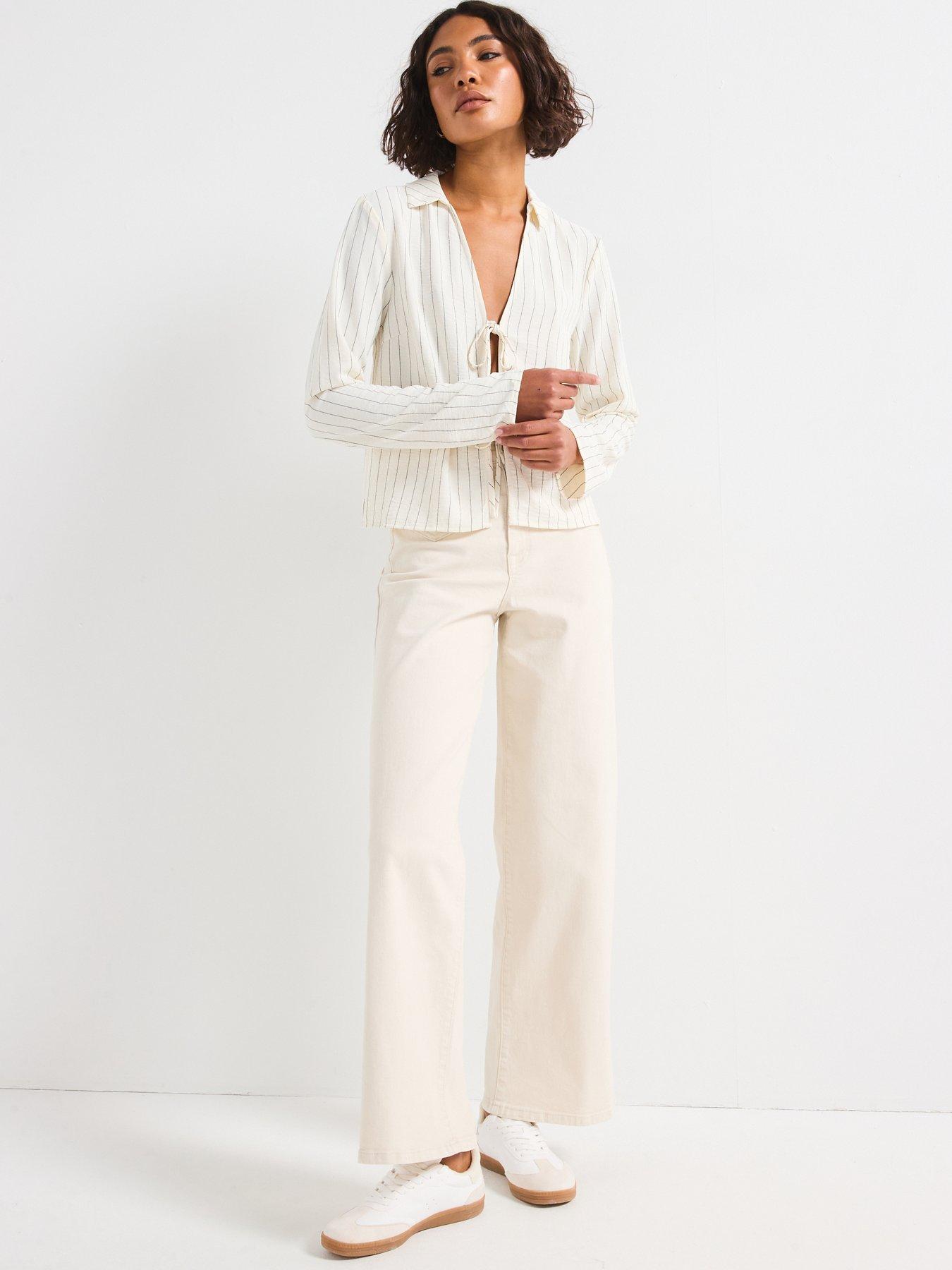 Image 5 of 6 of Only Pin Stripe Long Sleeve Tie Shirt - White