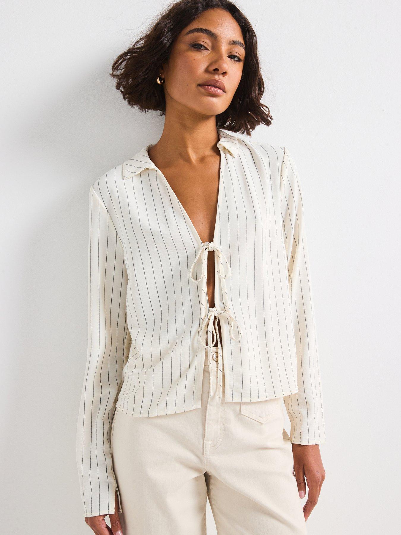 Image 6 of 6 of Only Pin Stripe Long Sleeve Tie Shirt - White