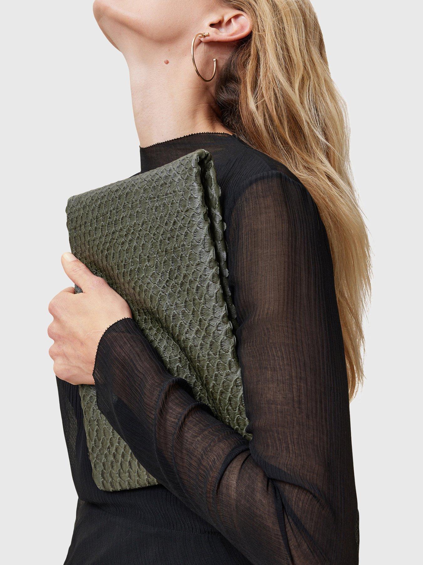 allsaints-bettina-snake-clutch-dark-greenfront