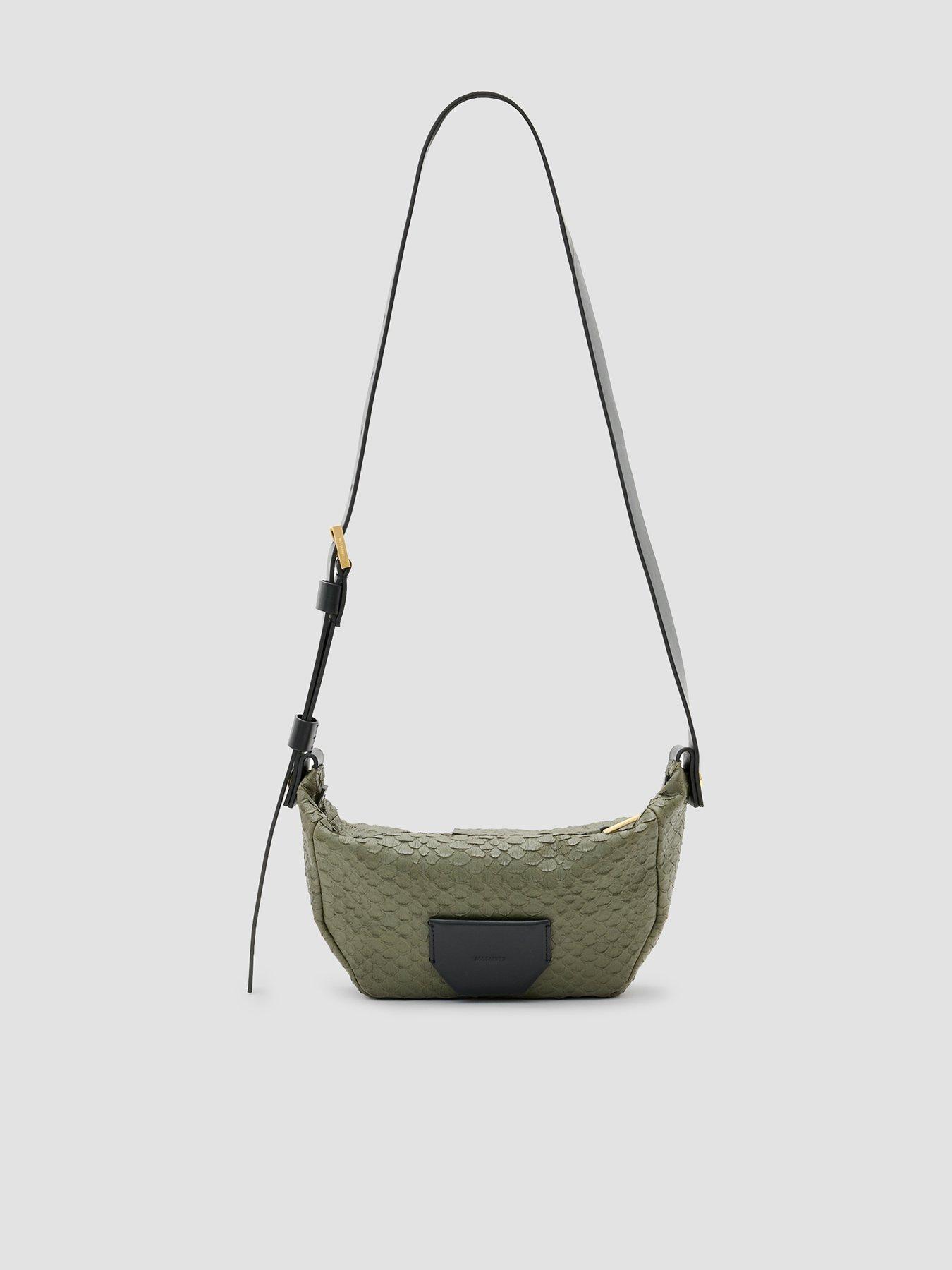 Image 1 of 5 of AllSaints Madea Snake Effect Leather Crossbody Bag - Dark Green