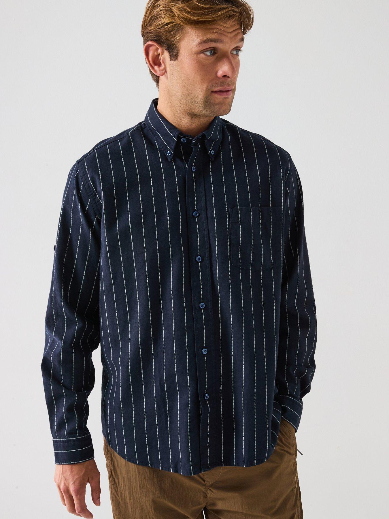 Image 1 of 6 of BOSS Lambey Thin Stripe Regular Fit Casual Shirt - Dark Blue