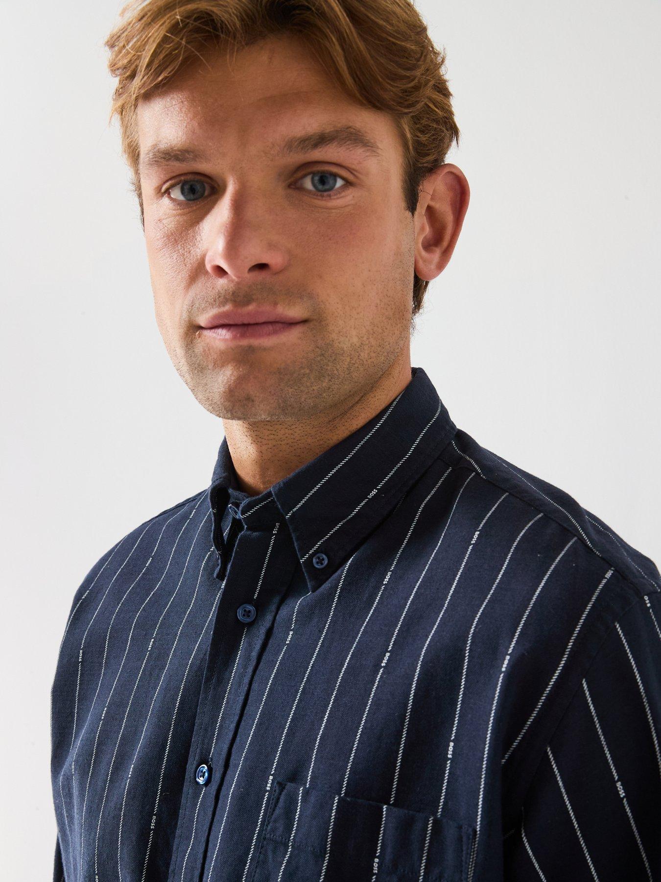 Image 4 of 6 of BOSS Lambey Thin Stripe Regular Fit Casual Shirt - Dark Blue