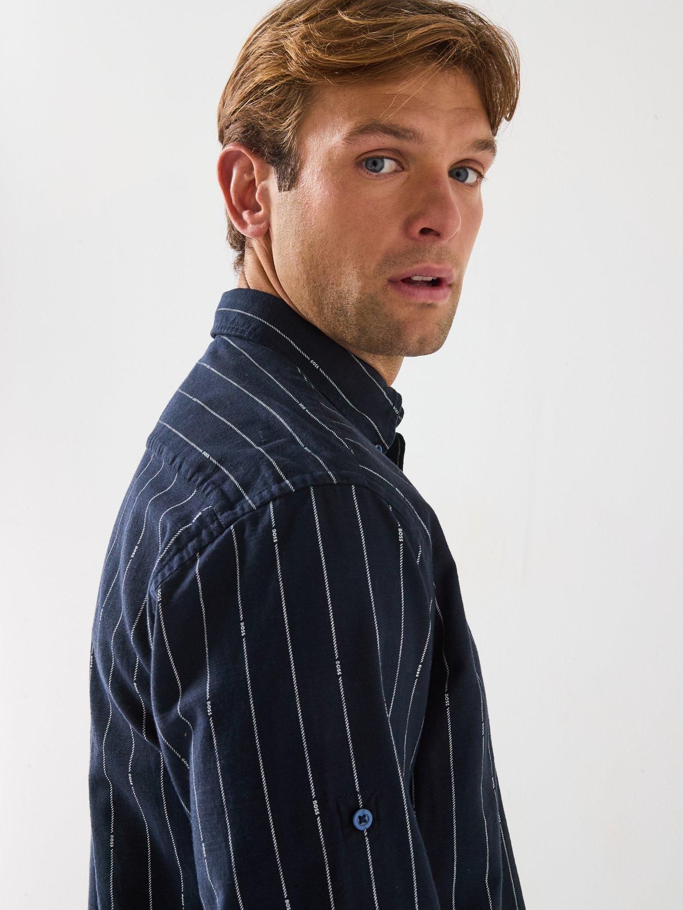 Image 6 of 6 of BOSS Lambey Thin Stripe Regular Fit Casual Shirt - Dark Blue