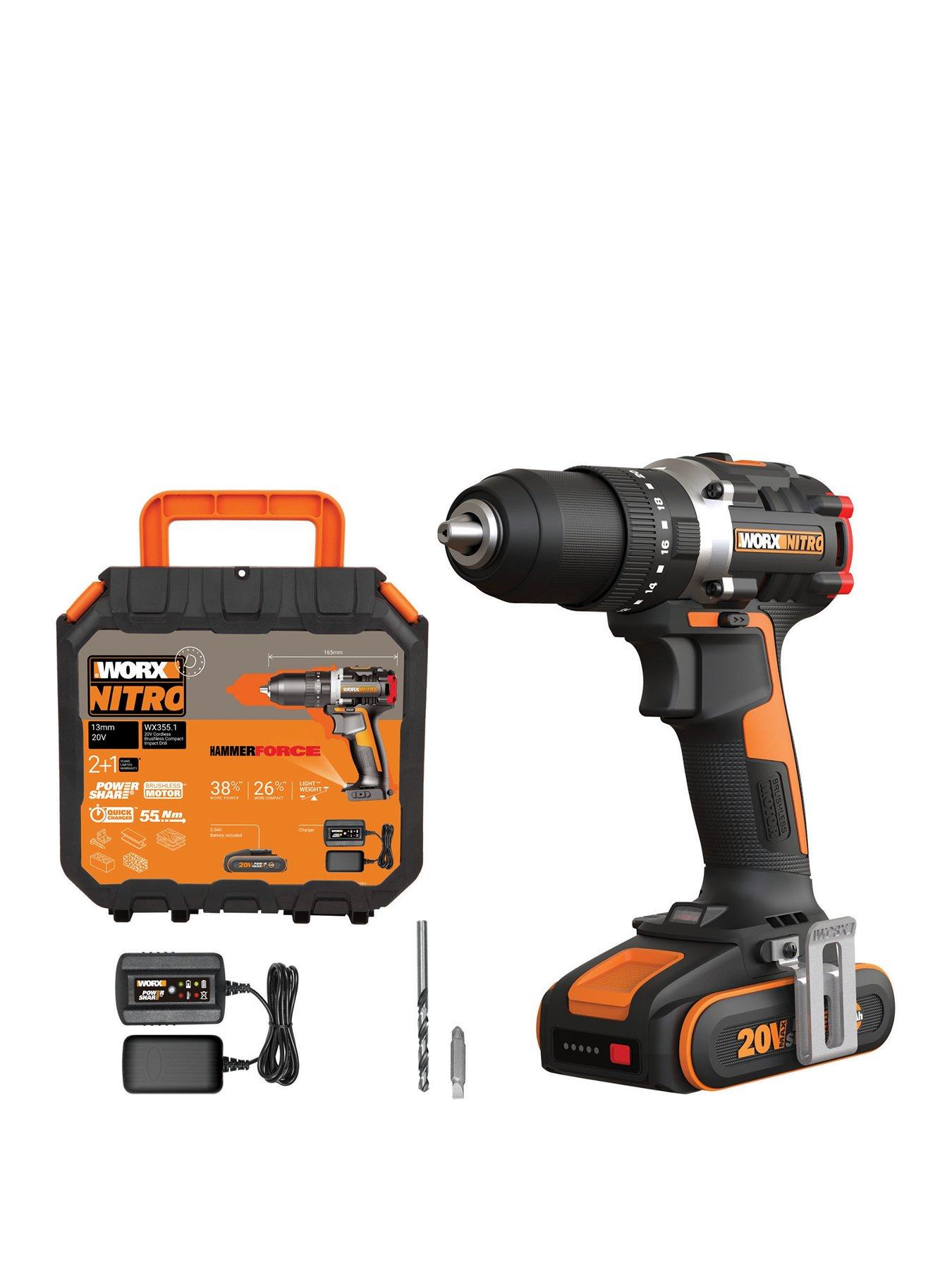 Worx 20V 55Nm Cordless Brushless Nitro Hammer Impact Drill with 2.0Ah Battery, Charger  &  Case