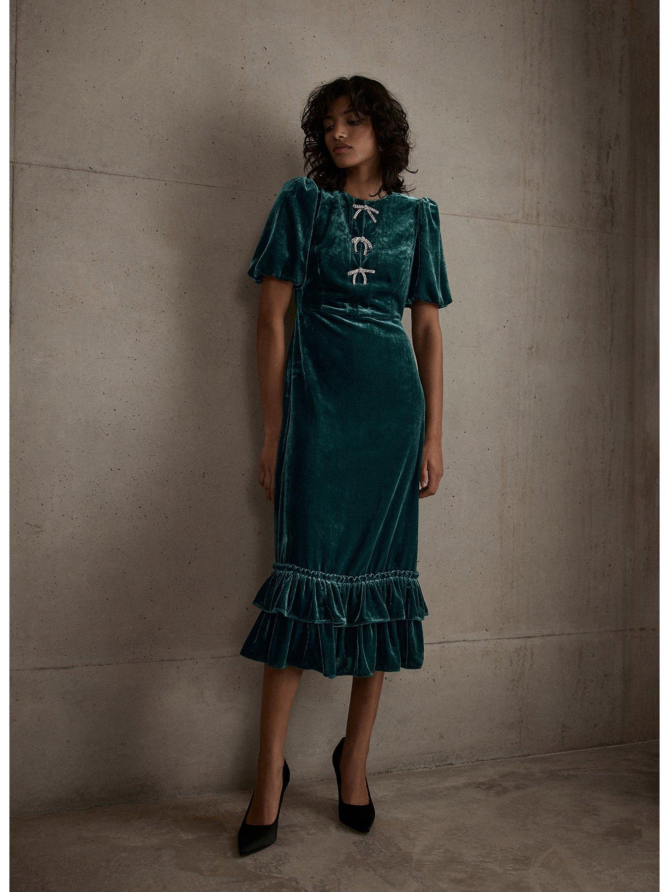 Mint Velvet Crystal Bow Detail Velvet Midi Dress - Green | Very Ireland