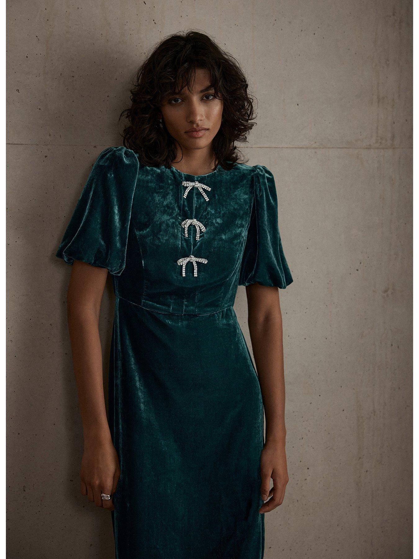 Mint Velvet Crystal Bow Detail Velvet Midi Dress Green Very