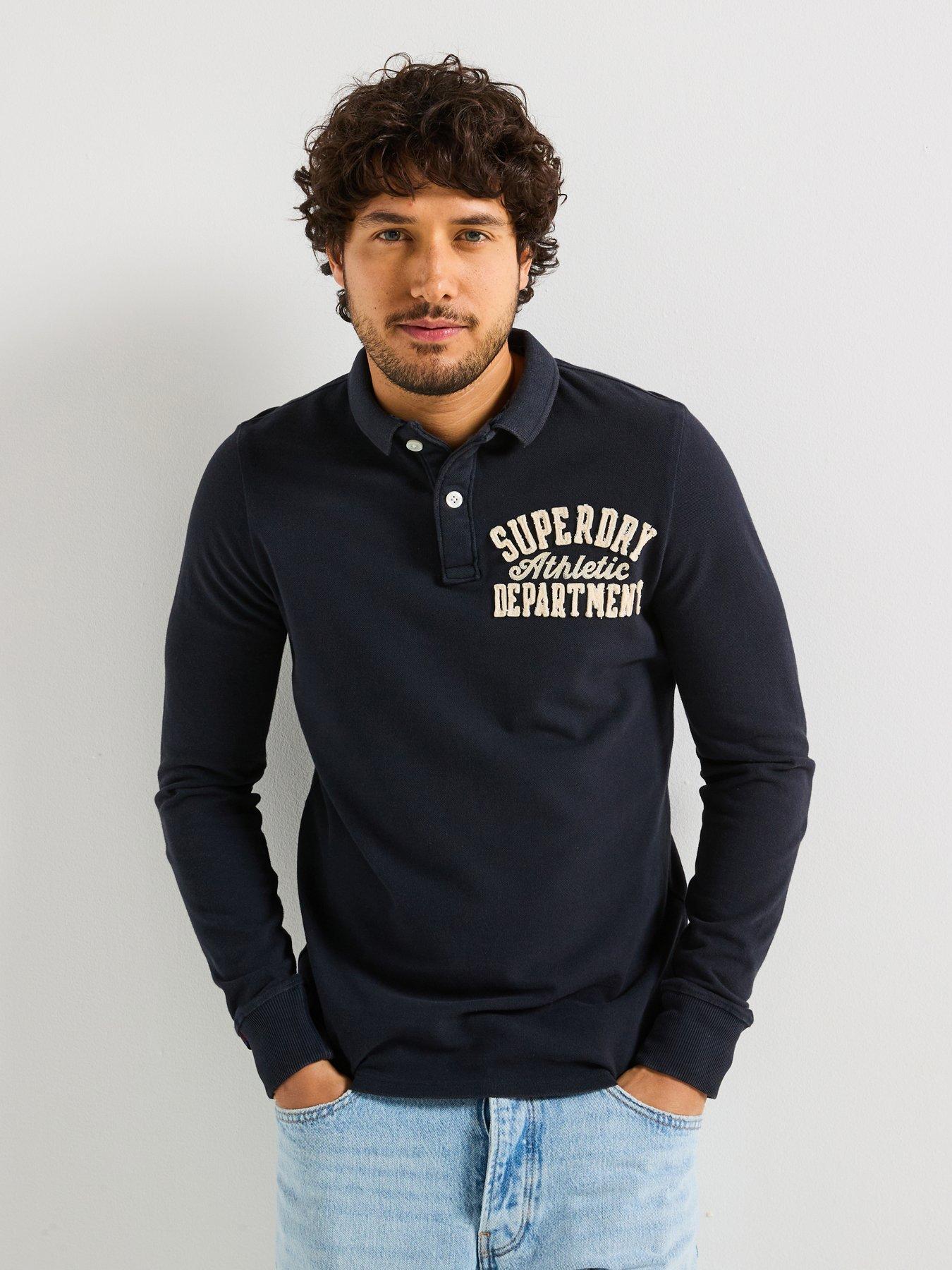 Image of Superdry Long Sleeve Vintage Athletic Logo Polo Shirt- Navy
