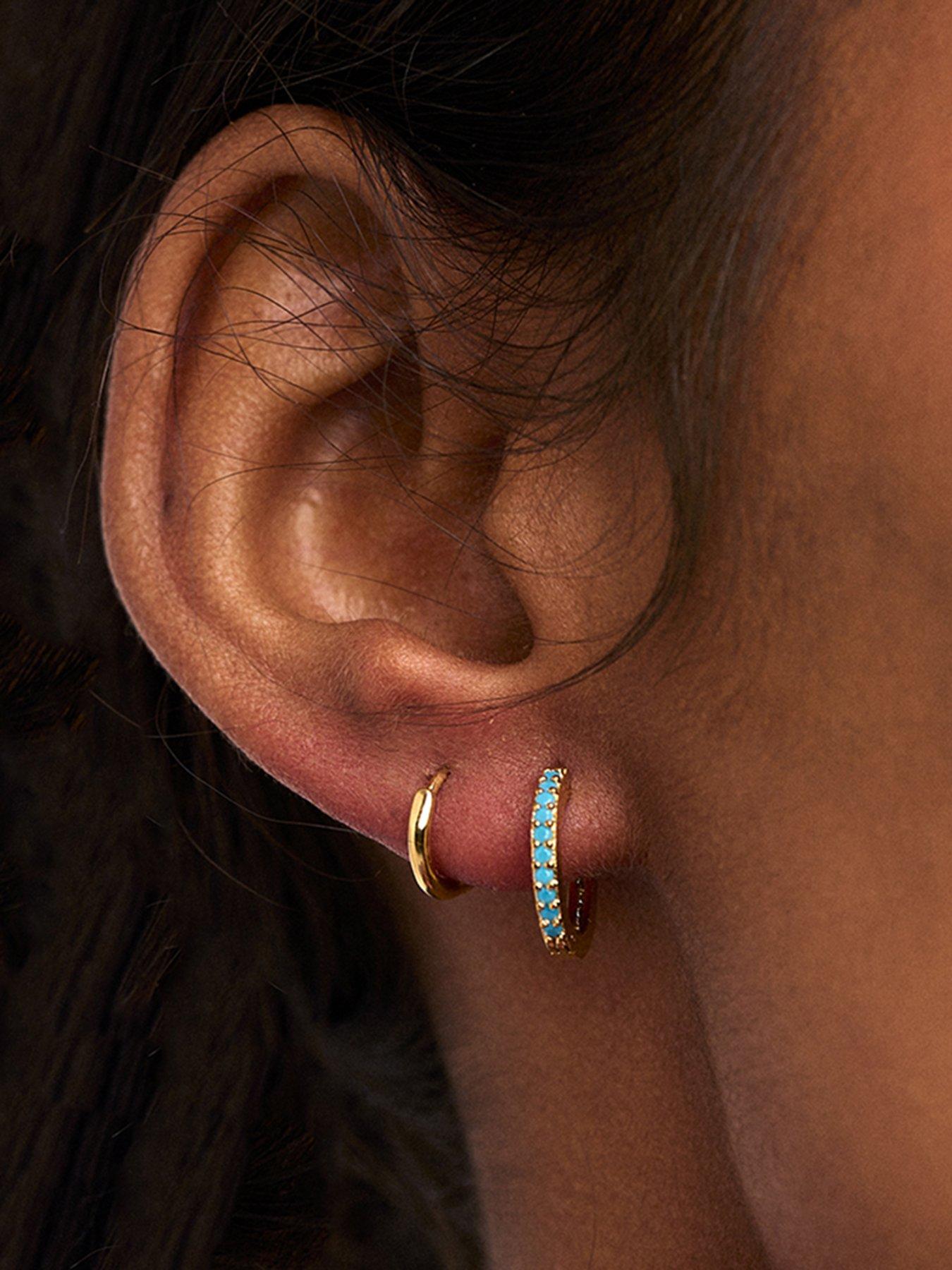 Image 2 of 2 of Orelia Mini Turquoise Pave Huggie Hoop Earrings